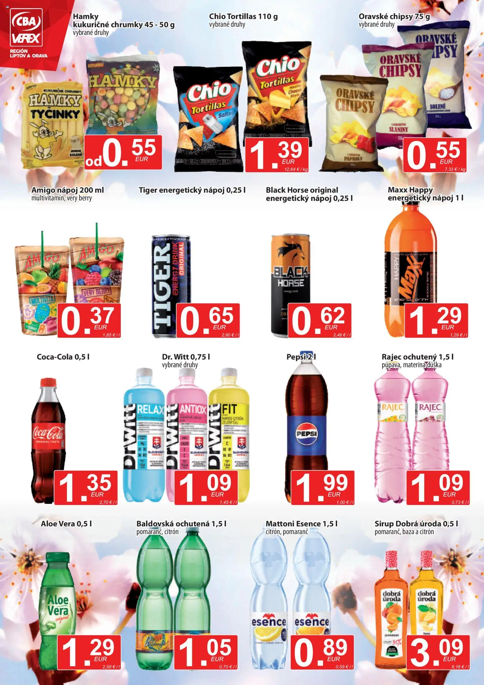 Nové CBA Verex akcie – leták je platný od 16.04.2026 | Strana: 10 | Produkty: Chipsy, Coca cola, Baldovská, Energetický nápoj