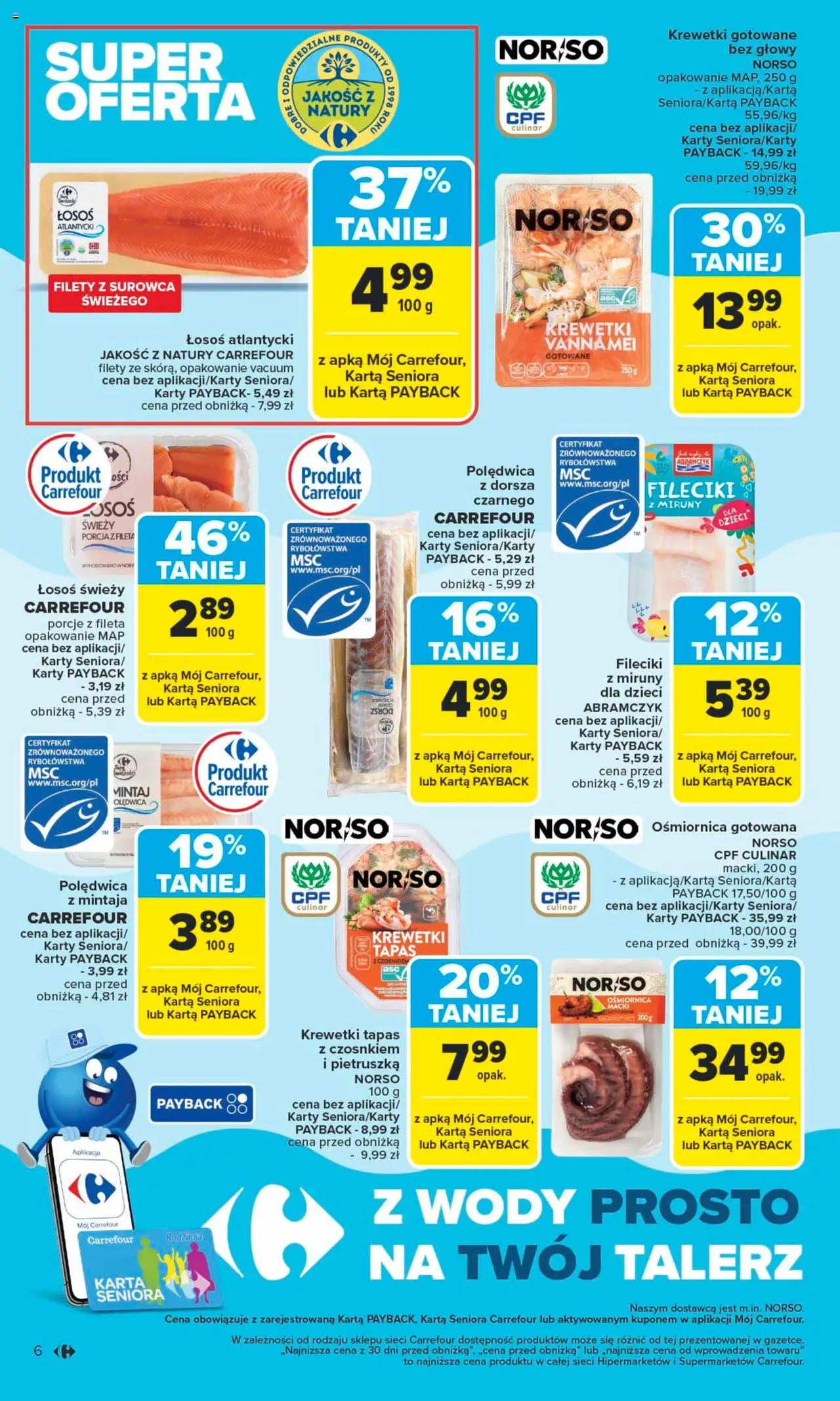 Carrefour Gazetka od 13.10.2025 | Strona: 6 | Produkty: Karta, Łosoś atlantycki, Łosoś, Krewetki gotowane