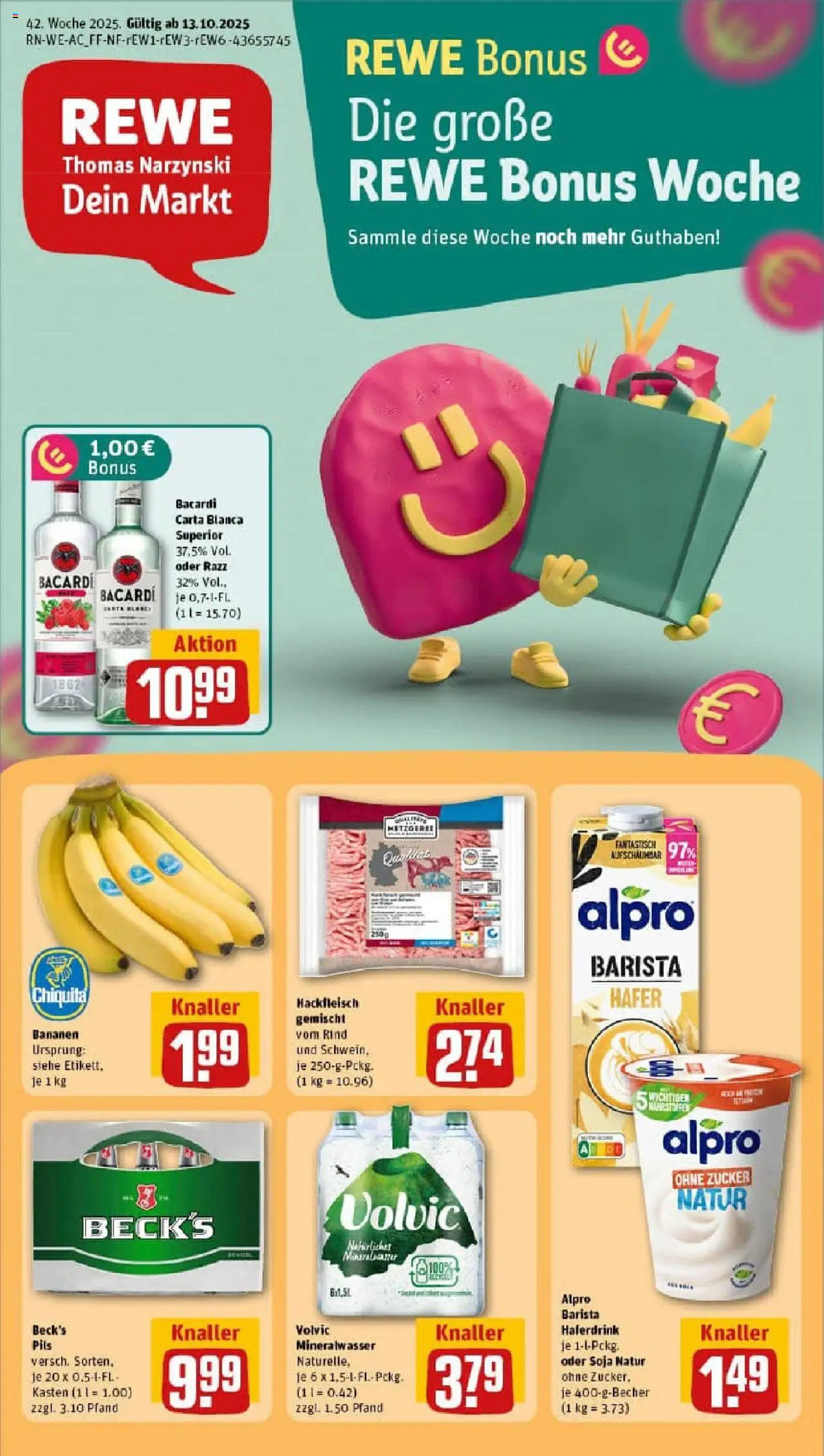 Rewe prospekt Nettetal / Kaldenkirchen	 – gültig ab 13.10.2025 | Seite: 1 | Produkte: Bananen, Haferdrink, Volvic, Hackfleisch