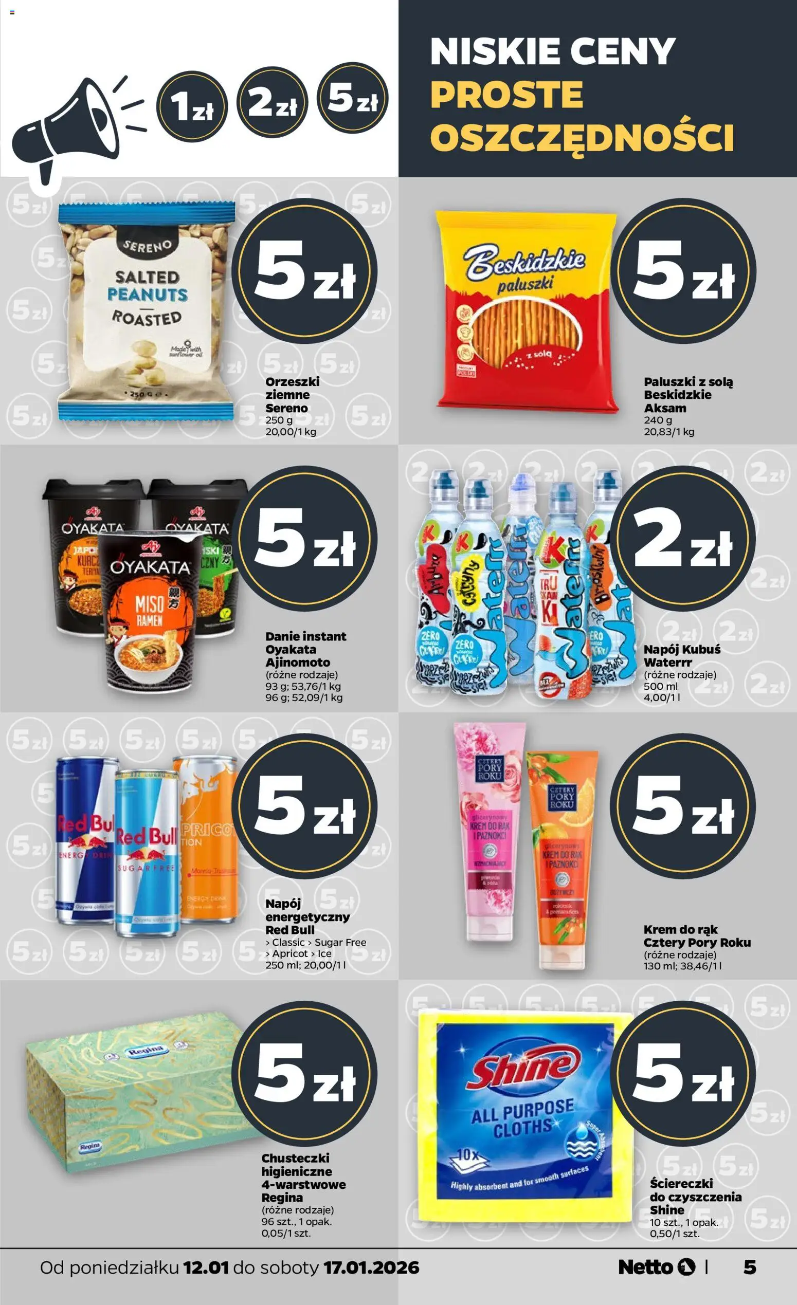 Netto gazetka - Spożywcza od 12.01.2026 | Strona: 5 | Produkty: Red bull, Paluszki, Krem do rąk, Krem
