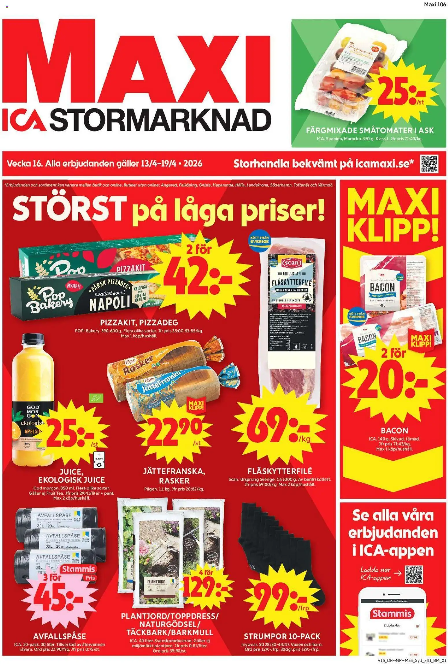 ICA Maxi reklamblad aktuell från 13.04.2026 | Sida: 1 | Produkter: Bacon, Galler, Fläskytterfilé, Strumpor