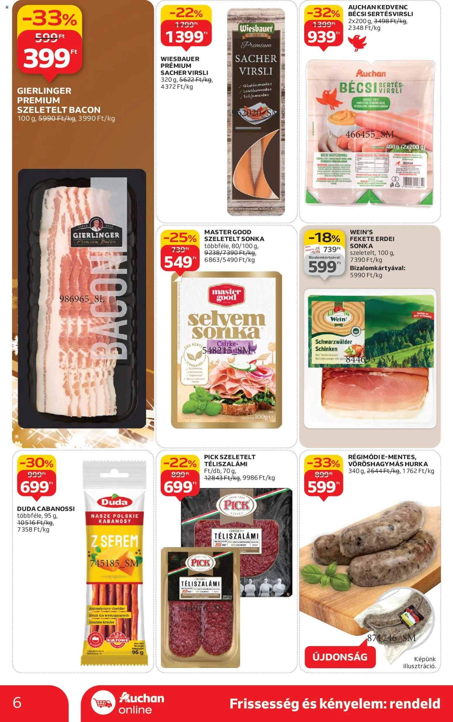 Auchan akciós ujság - amely érvényes a következő dátumtól: 27.11.2025 | Oldal: 6 | Termékek: Virsli, Pick, Sonka, Hurka
