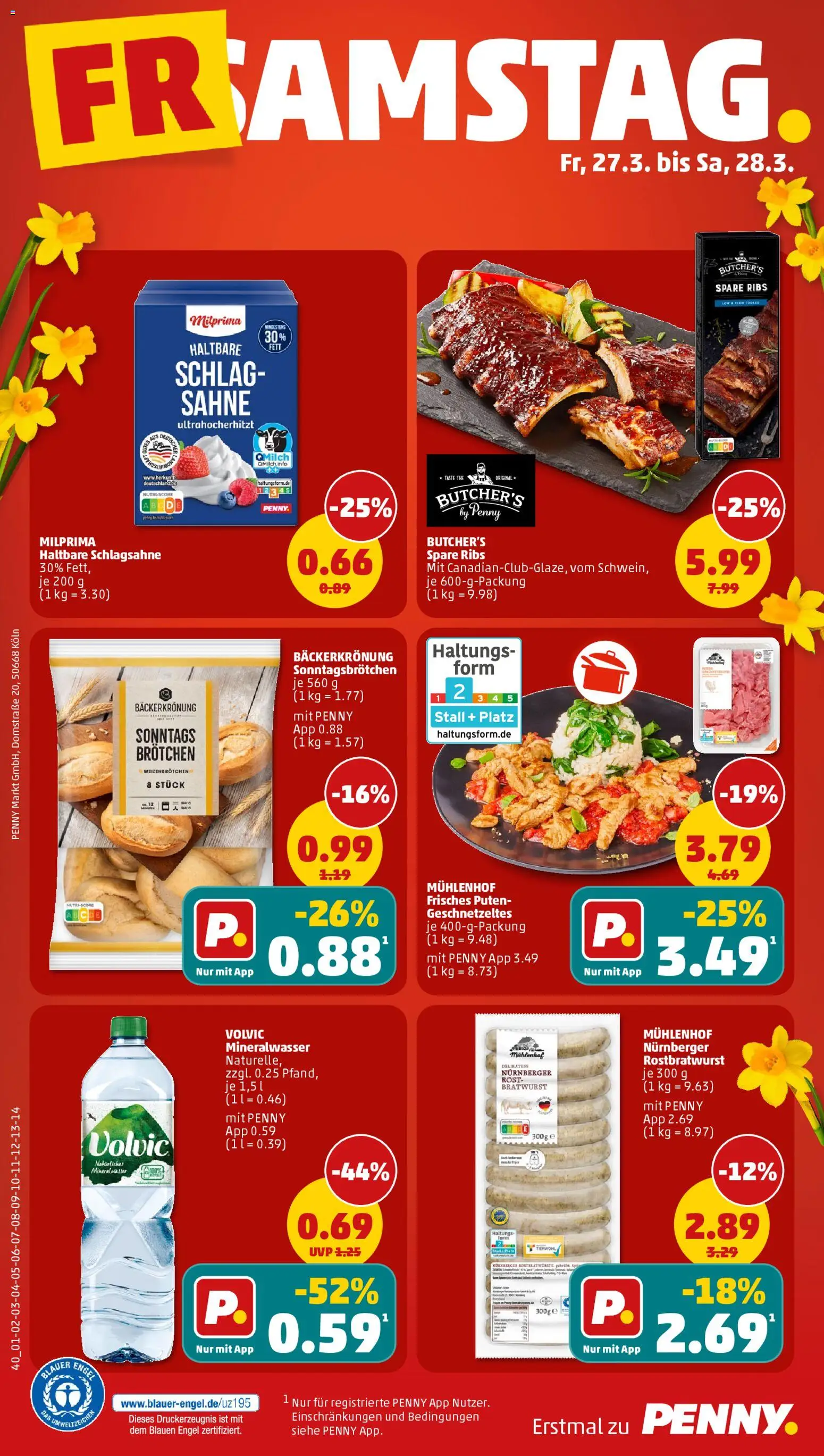 Penny Prospekt 	 – gültig ab 23.03.2026 | Seite: 42 | Produkte: Schlagsahne, Spare ribs, Mineralwasser, Volvic