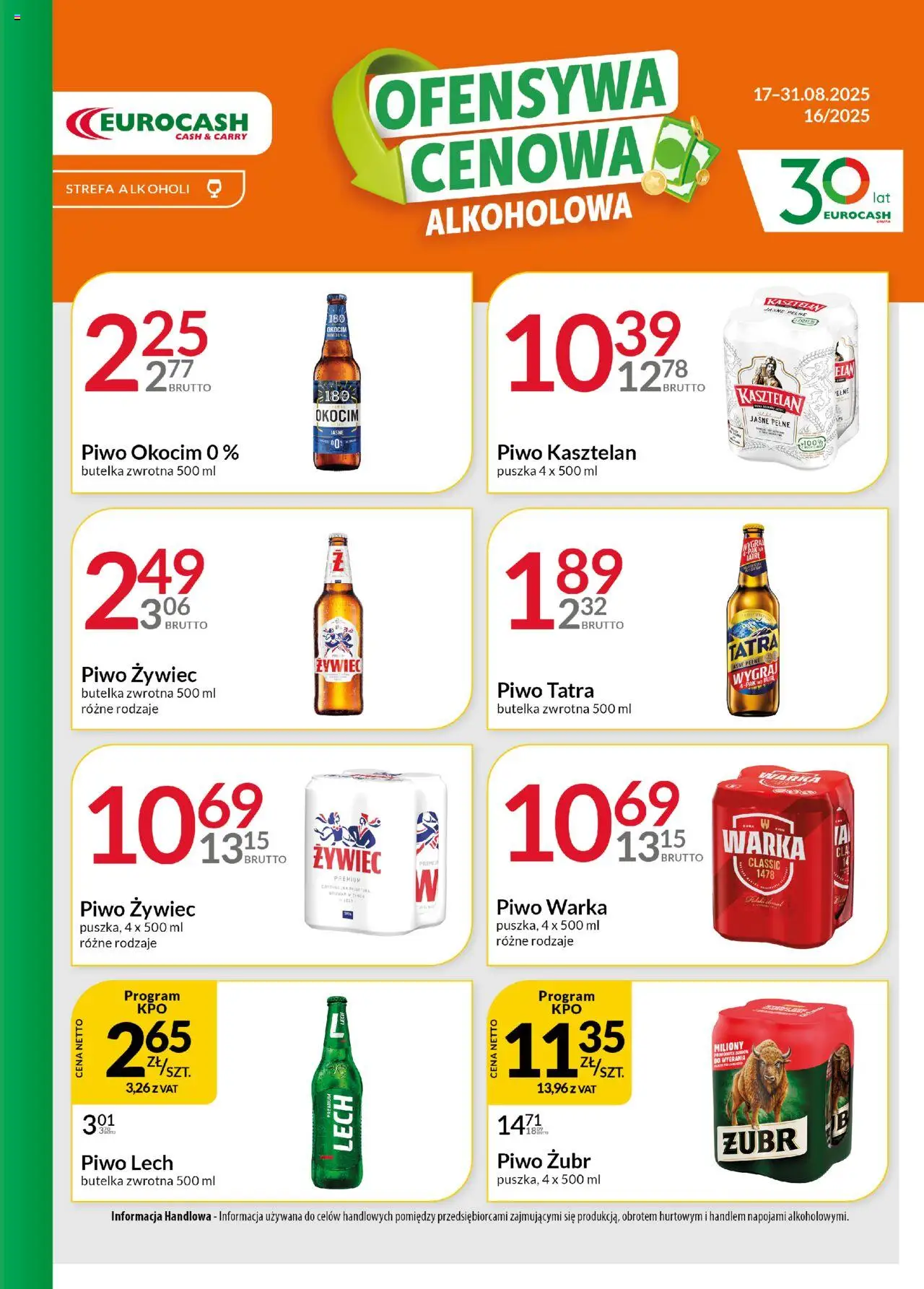 Eurocash Gazetka - Ofensywa Alkoholowa od 17.08.2025 | Strona: 1 | Produkty: Piwo żubr, Warka, Piwo Warka, Piwo
