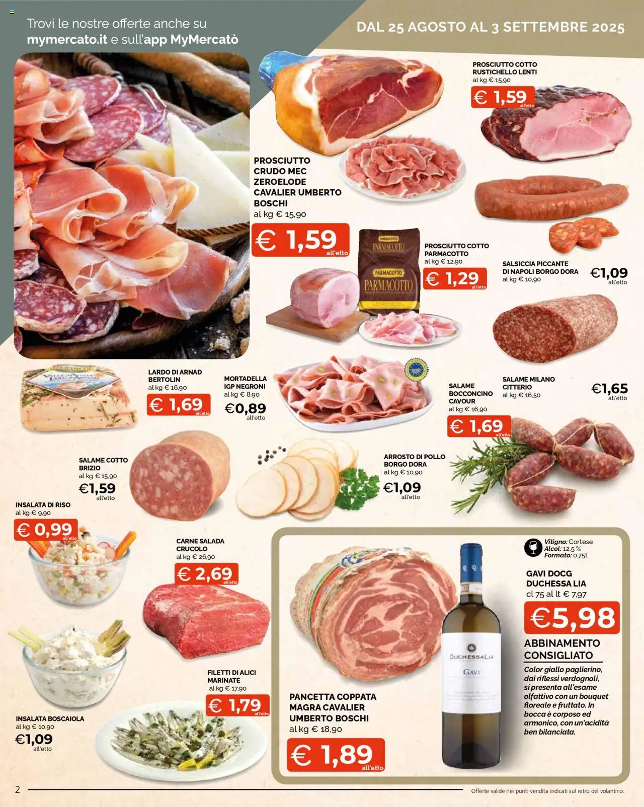 Volantino Mercatò del 25.08.2025 | Pagina: 2 | Prodotti: Salame, Riso, Salsiccia, Mortadella