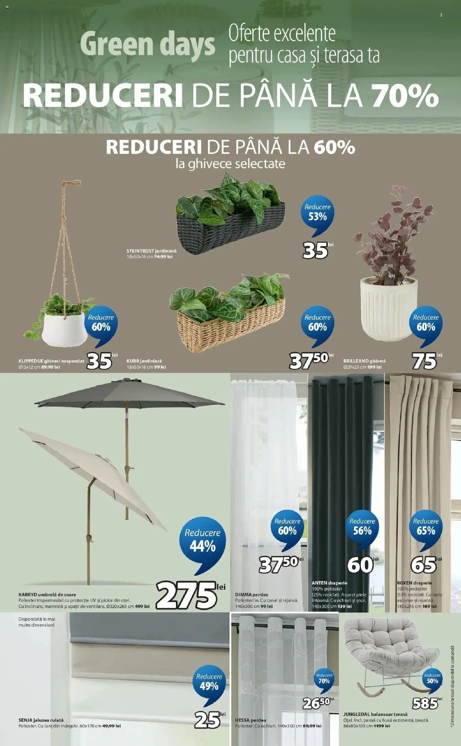 Noul catalog JYSK – valabil de la 16.04.2026 | Pagină: 3 | Produse: Umbrelă, Balansoar, Ghiveci, Perdea