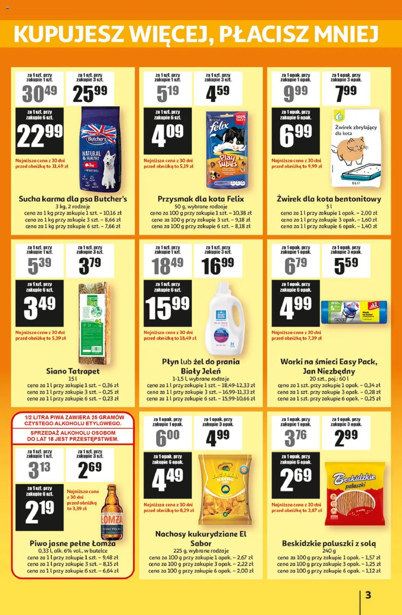 Auchan Gazetka - ATAC Hiper Discount od 18.09.2025 | Strona: 3 | Produkty: Żwirek dla kota, Karma dla psa, Piwo, Jeleń