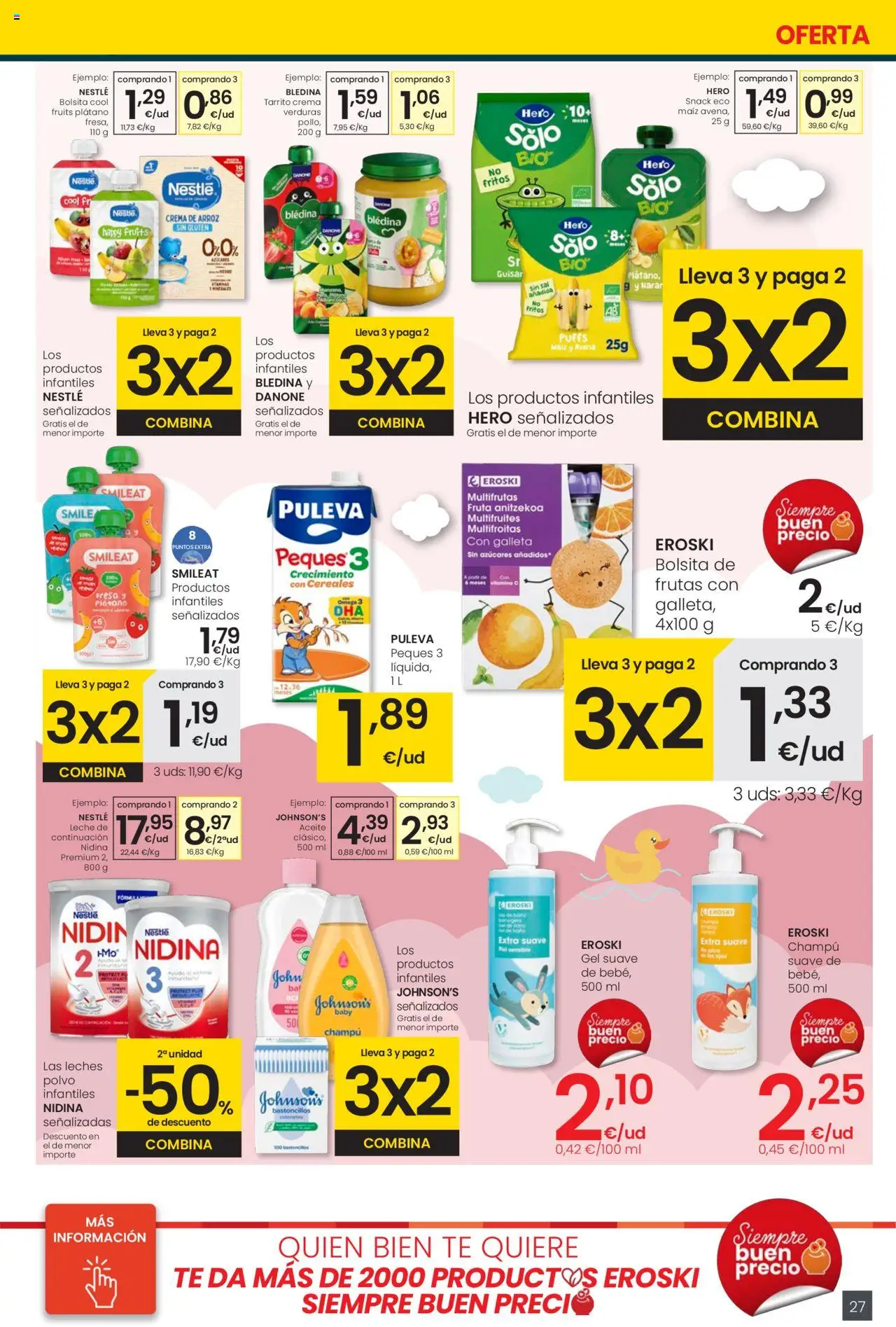 Eroski - Precio más bajo Center │ válido desde el 02.10.2025 | Página: 27 | Productos: Polvo, Δοχείο φοντί, Champú, Leche
