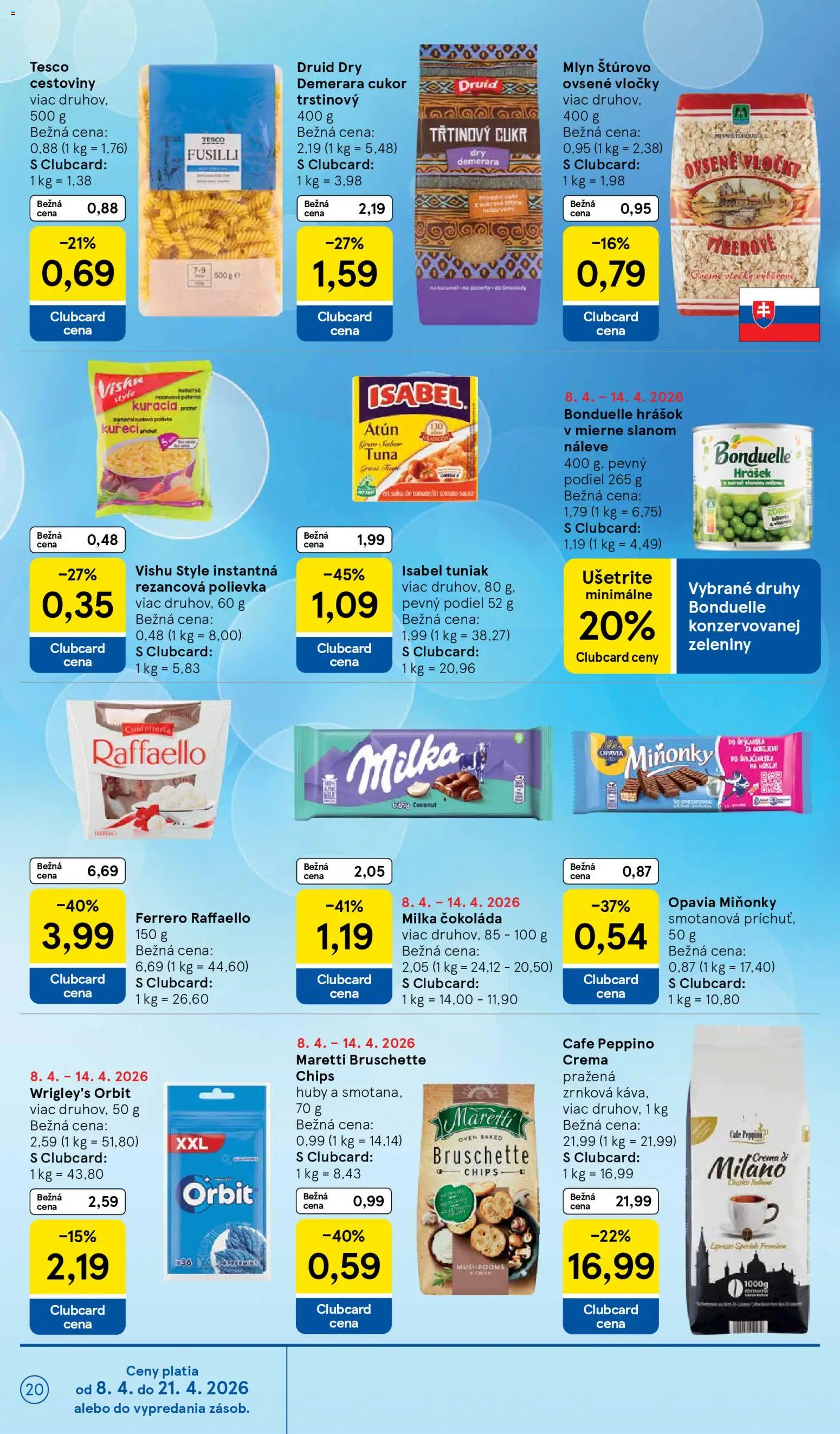 Nové Tesco akcie – leták je platný od 08.04.2026 | Strana: 20 | Produkty: Fusilli, Hrášok, Cukor, Vločky