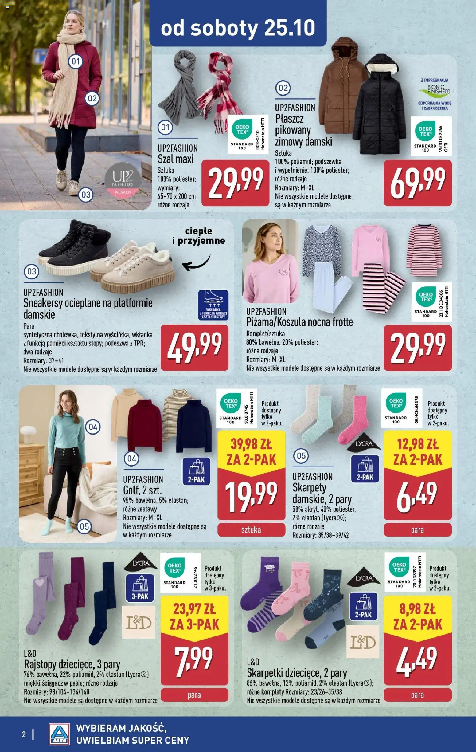 Aldi Gazetka - Od soboty od 25.10.2025 | Strona: 2 | Produkty: Płaszcz, Szal, Rajstopy, Finish