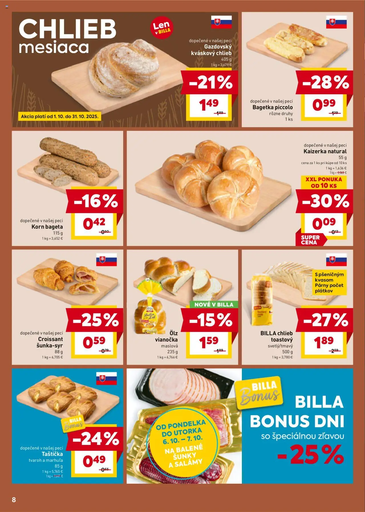 Nové Billa akcie – leták je platný od 01.10.2025 | Strana: 8 | Produkty: Chlieb, Croissant, Vianočka, Tvaroh