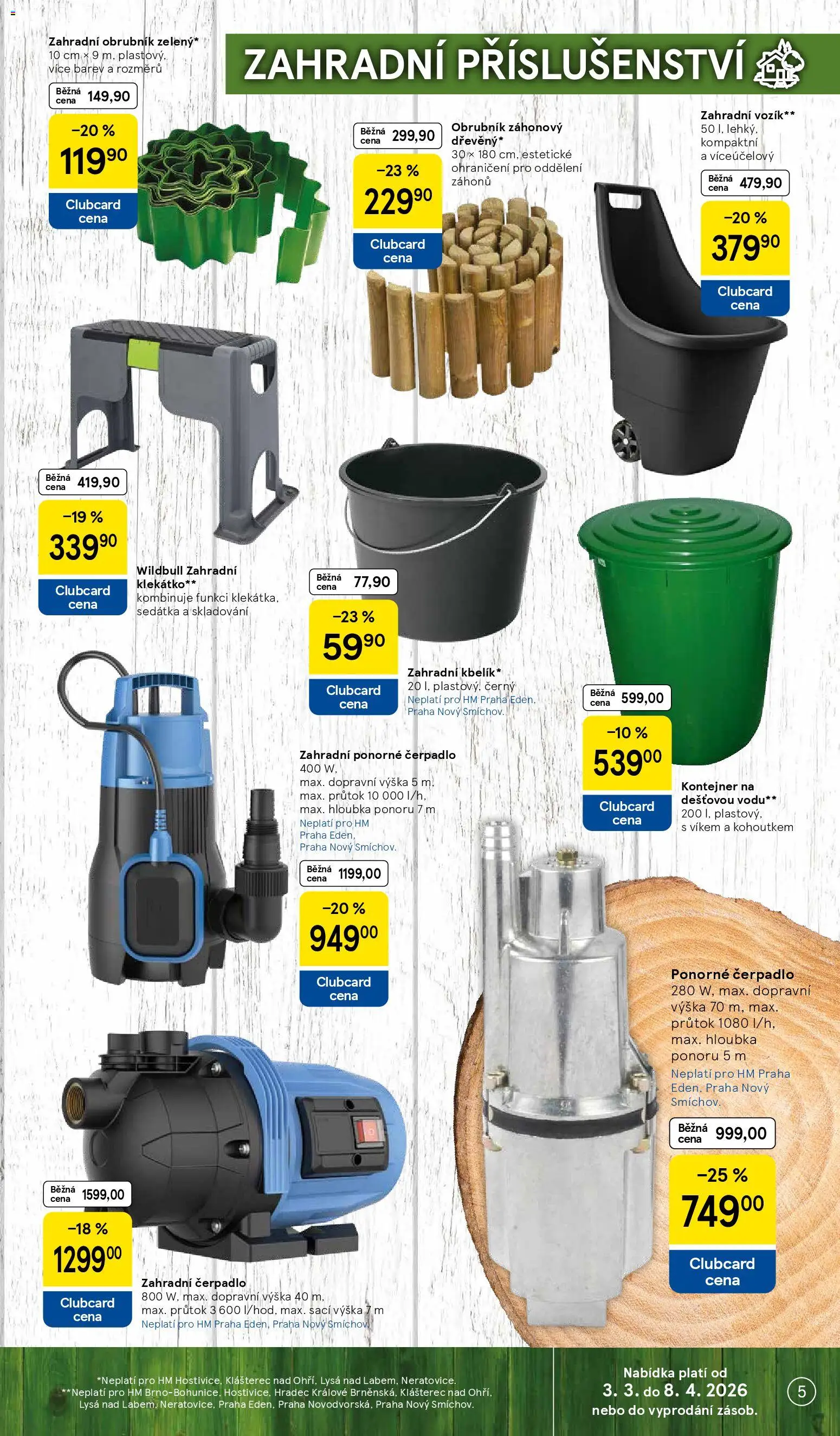 Tesco katalog od 03.03.2026 | Strana: 5 | Produkty: Klekátko, Zahradní vozík, Ponorné čerpadlo, Čerpadlo