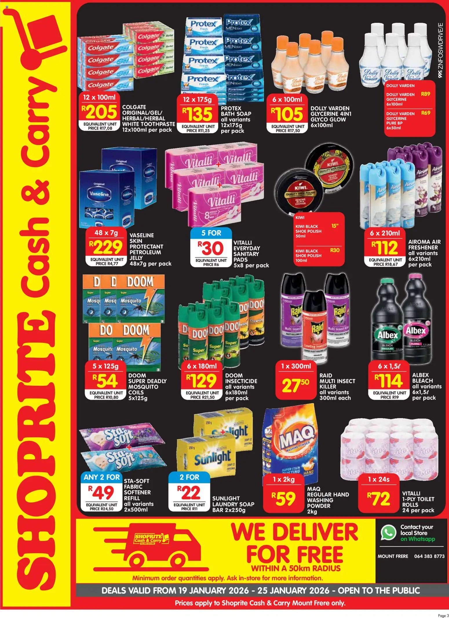 New Shoprite catalogue – valid from 19.01.2026 | Page: 3 | Products: Toilet, Pads, Bleach, Fabric softener