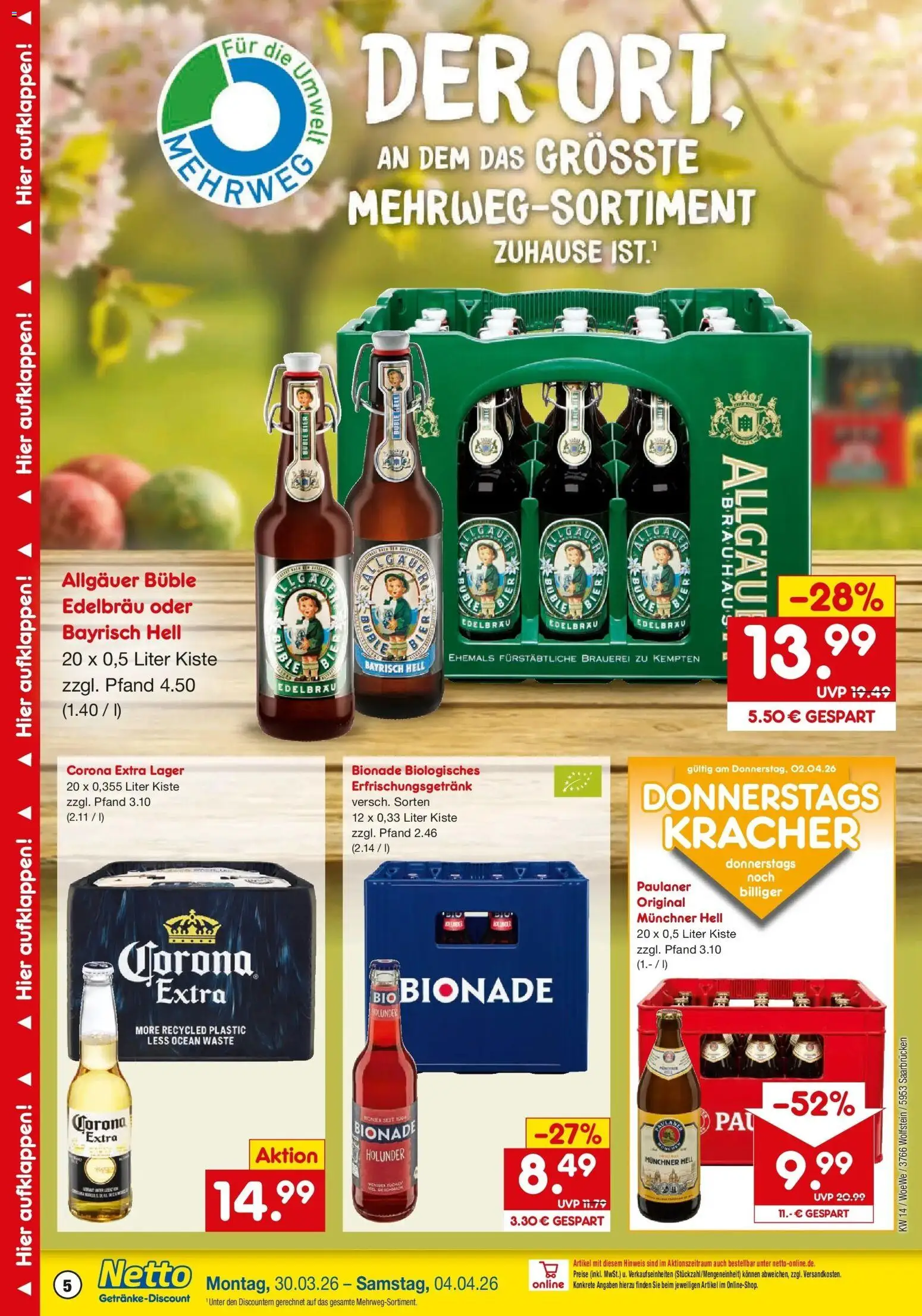 Netto Marken-Discount Prospekt Saarbrücken	 – gültig ab 30.03.2026 | Seite: 5 | Produkte: Bier, Bionade, Paulaner