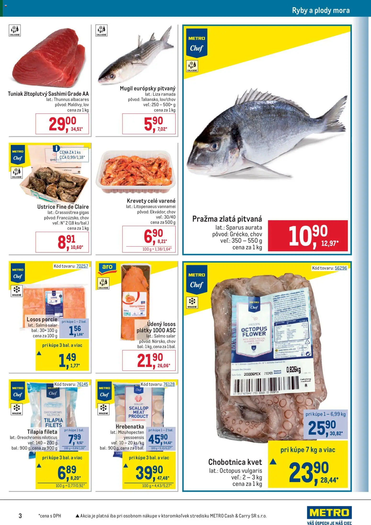 Nové Metro akcie – leták je platný od 08.04.2026 | Strana: 3 | Produkty: Tuniak, Krevety, Ryby, Losos