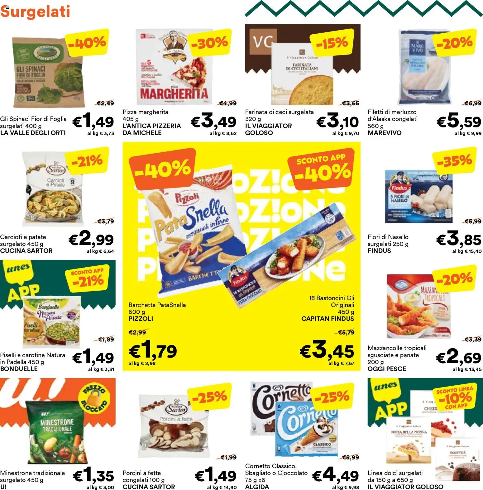 Volantino Unes del 09.03.2026 | Pagina: 14 | Prodotti: Pizza, Cornetto, Merluzzo, Padella