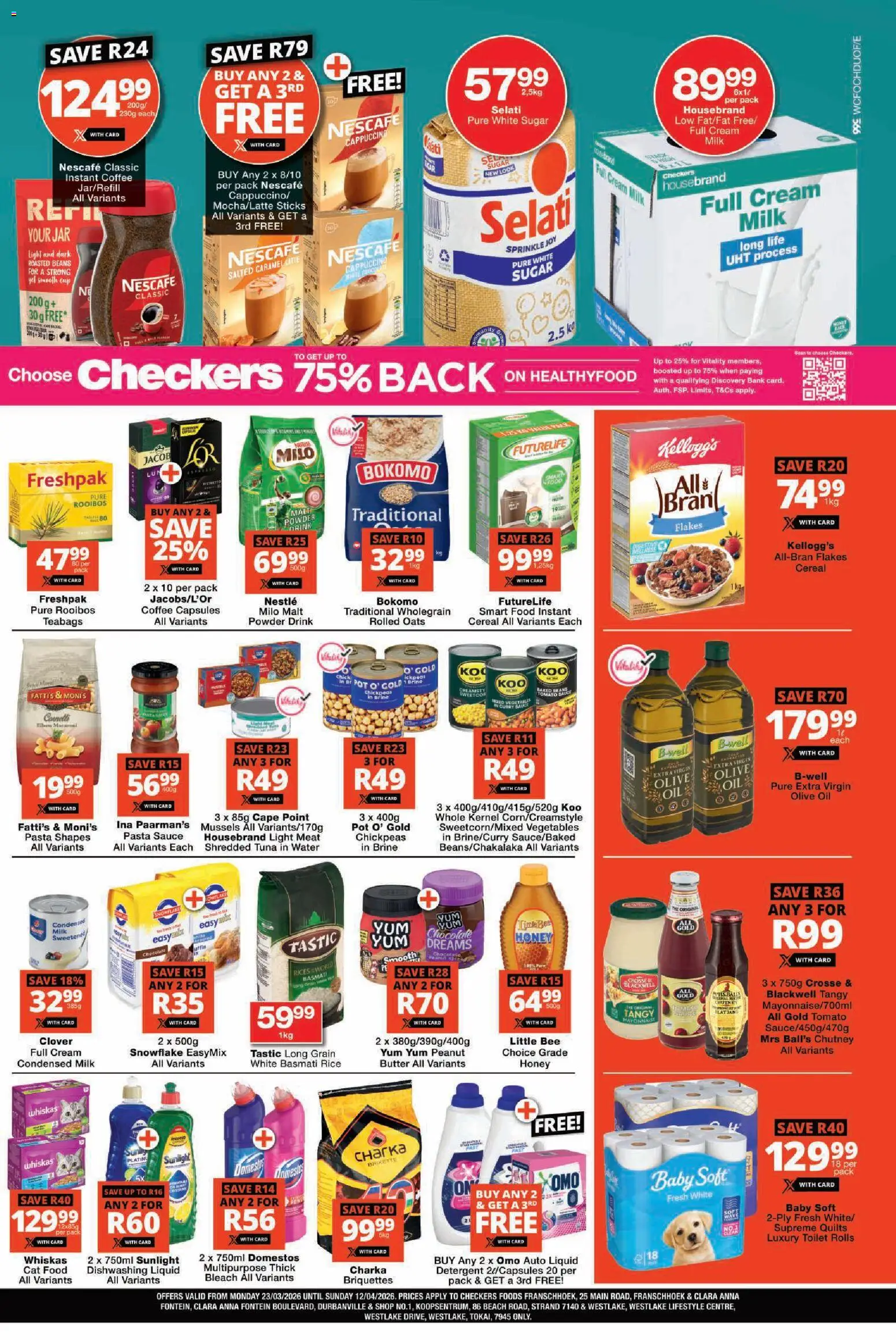 New Checkers catalogue – valid from 23.03.2026 | Page: 3 | Products: Tuna, Bleach, Cream, Sugar