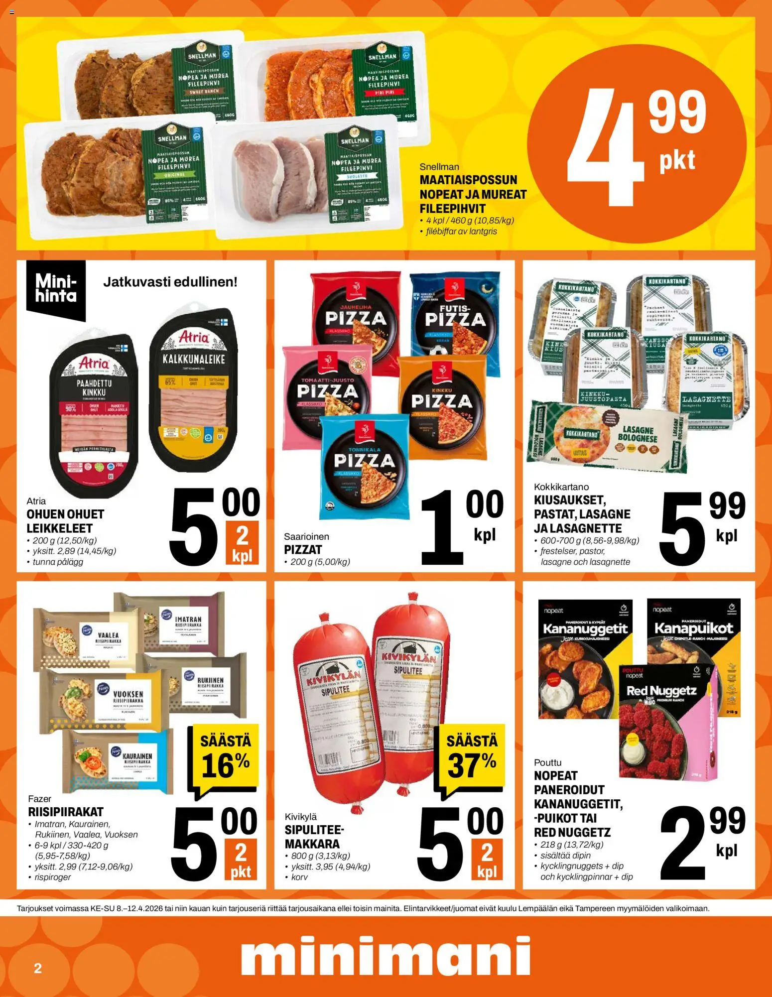 Minimani tarjoukset – voimassa 08.04.2026 alkaen | Sivu: 2 | Tuotteet: Makkara, Kinkku, Pizza, Tonnikala