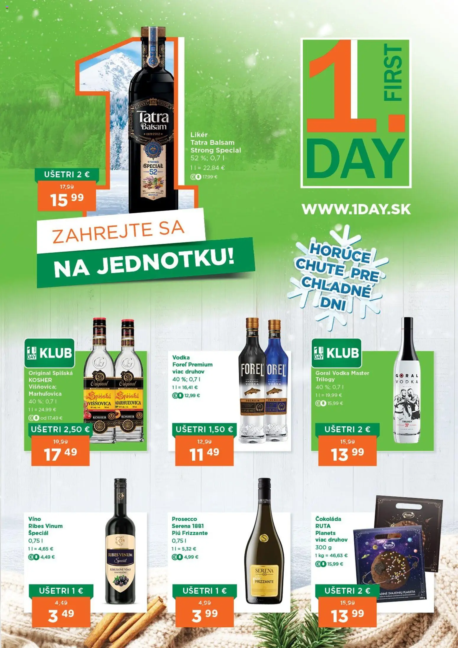 Nové 1day akcie – leták je platný od 15.01.2026 | Strana: 1 | Produkty: Víno, Ríbezľové víno, Čokoláda, Vodka