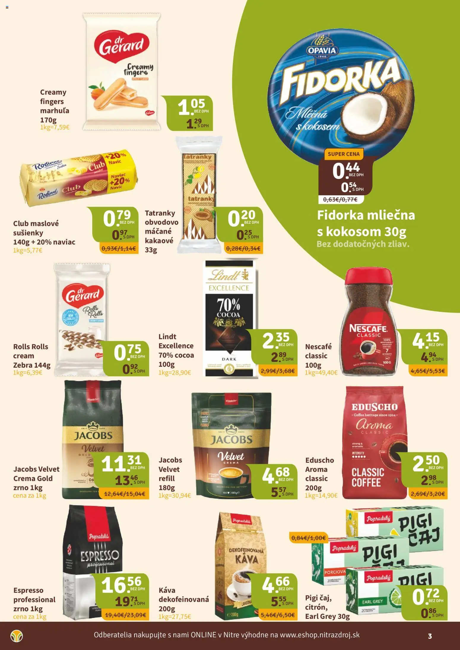 Nové Nitrazdroj akcie – leták je platný od 17.04.2026 | Strana: 3 | Produkty: Jacobs Velvet, Káva, Lindt