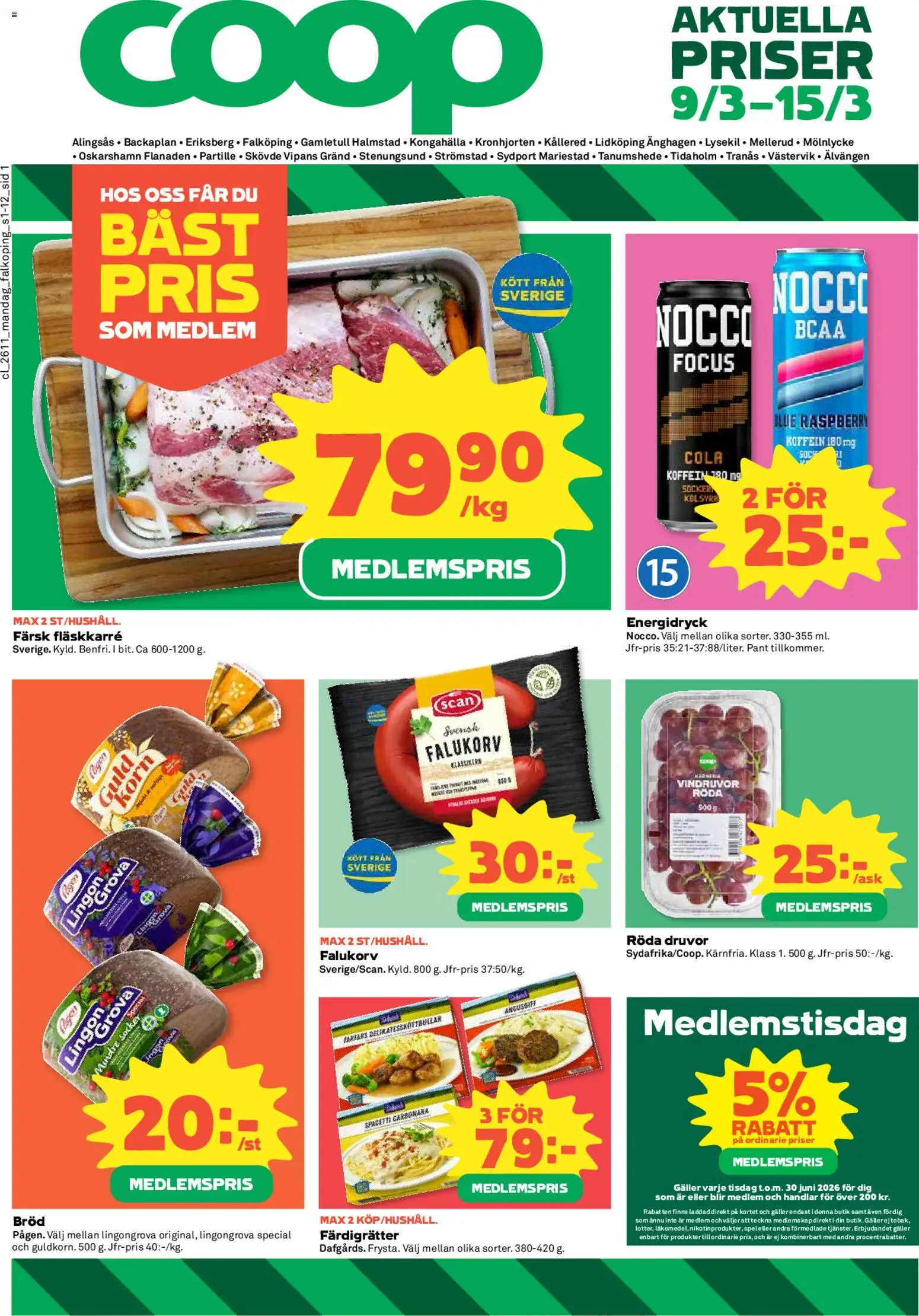 Coop reklamblad aktuell från 09.03.2026 | Sida: 1 | Produkter: Vindruvor, Lingongrova, Bröd, Energidryck