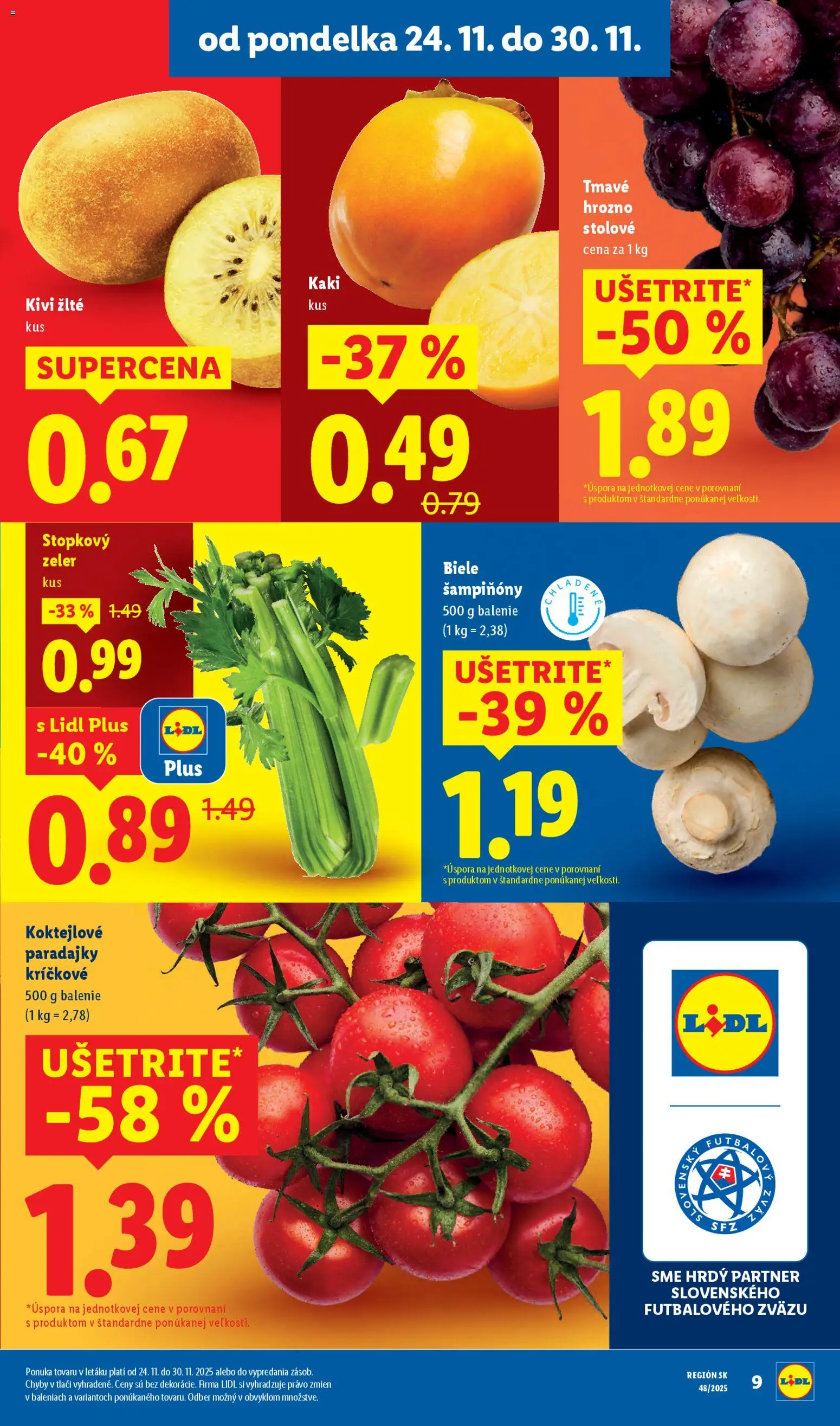 Nové Lidl akcie – leták je platný od 24.11.2025 | Strana: 9 | Produkty: Kaki, Paradajky, Zeler, Hrozno