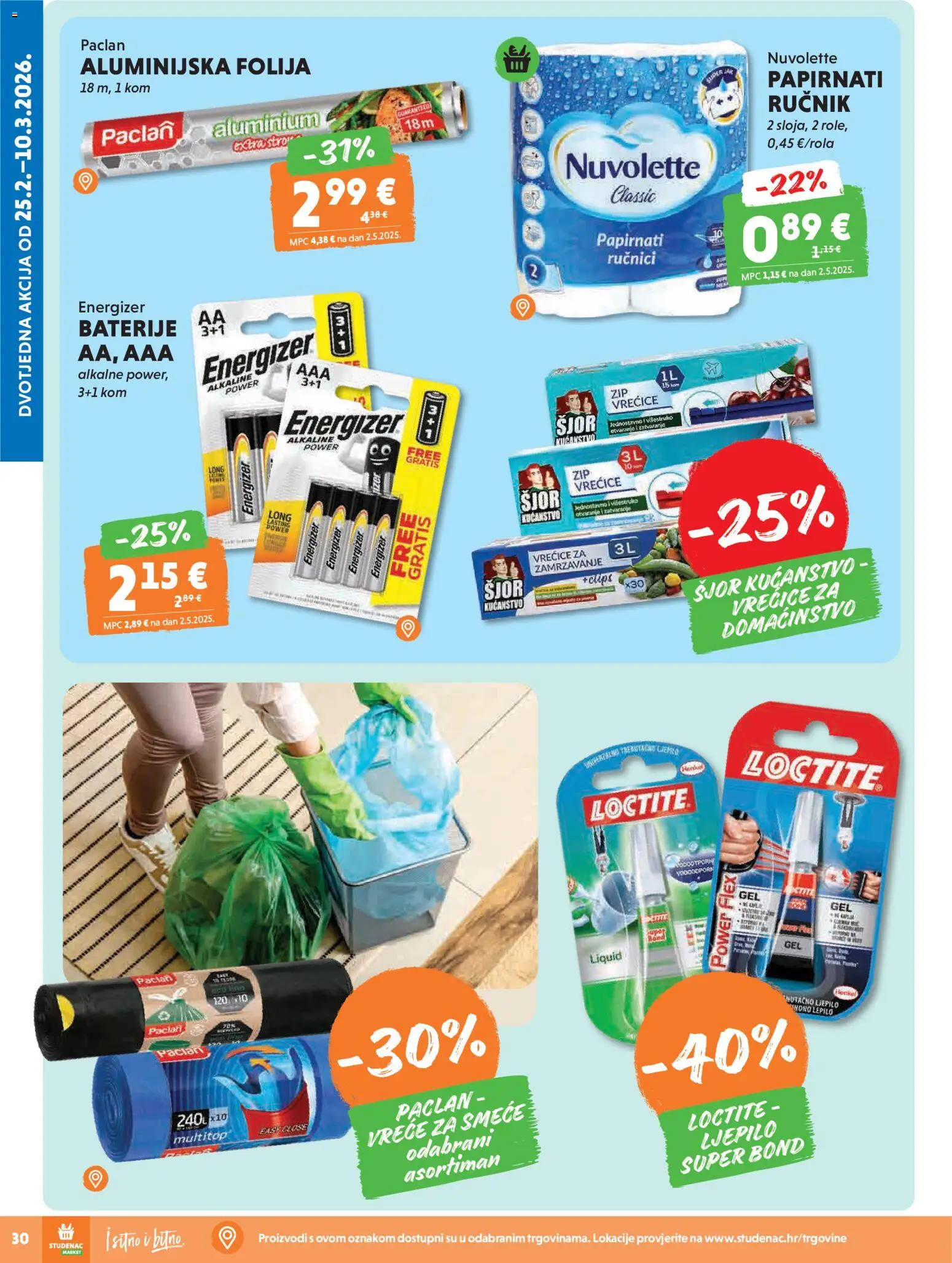 Studenac katalog | vrijedi od 25.02.2026 | Stranica: 30 | Proizvodi: Ručnik, Baterije, Ljepilo