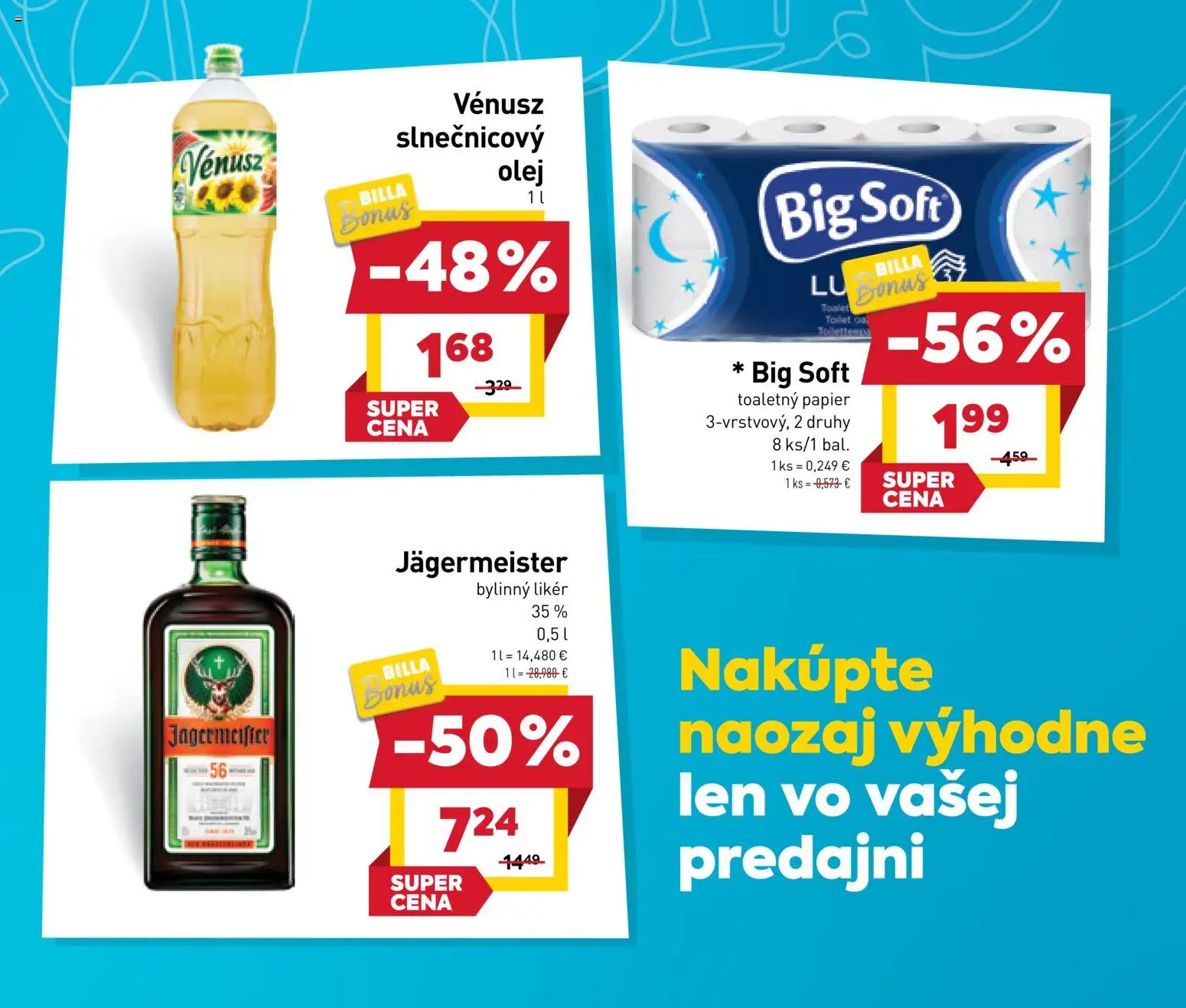 Nové Billa akcie – leták je platný od 12.11.2025 | Strana: 3 | Produkty: Jägermeister, Olej, Toaletný papier, Slnečnicový olej