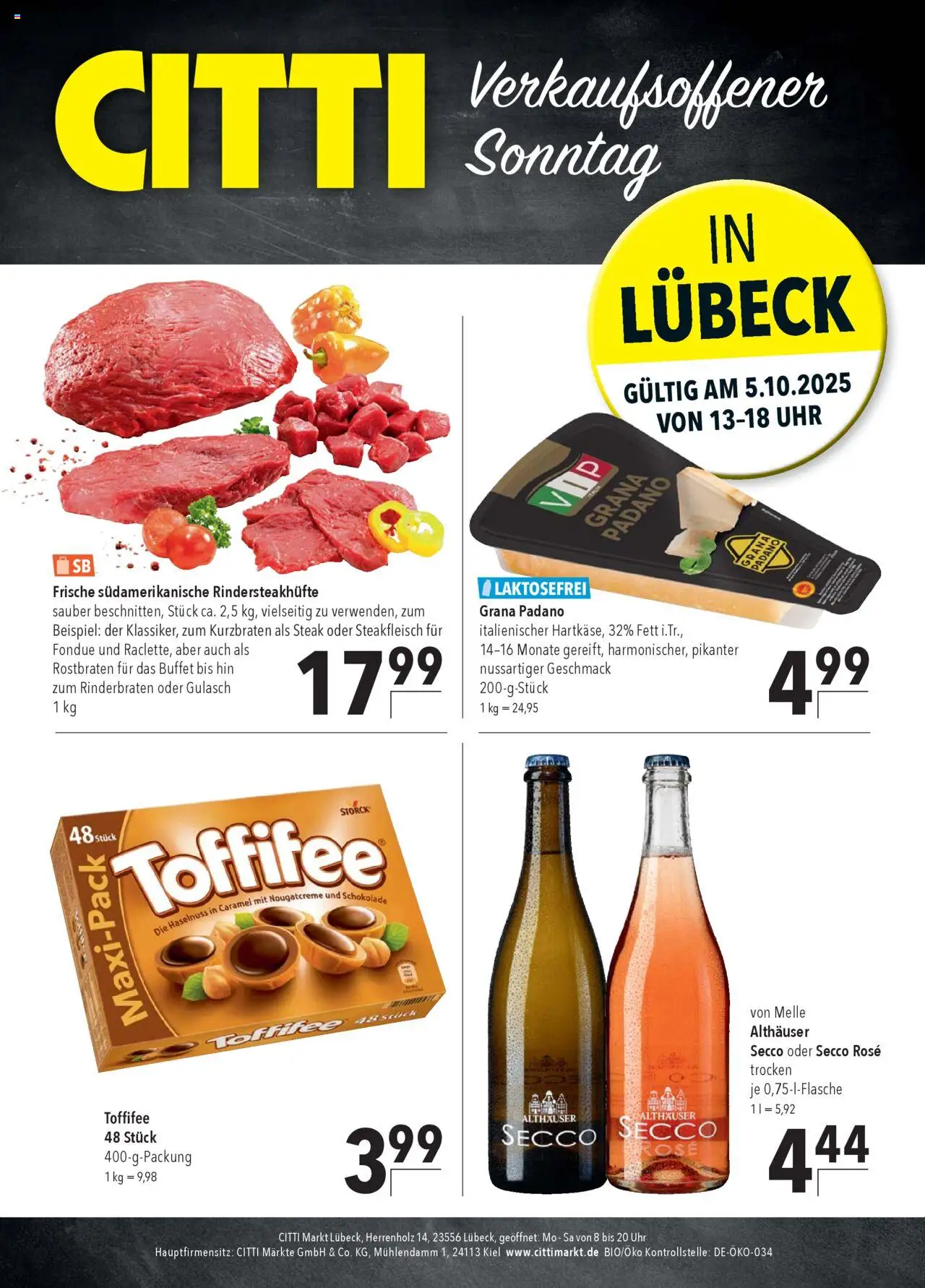 CITTI Markt  Sonntags-Angebote in Lübeck – gültig ab 05.10.2025 | Seite: 1 | Produkte: Gulasch, Toffifee, Steak, Fondue