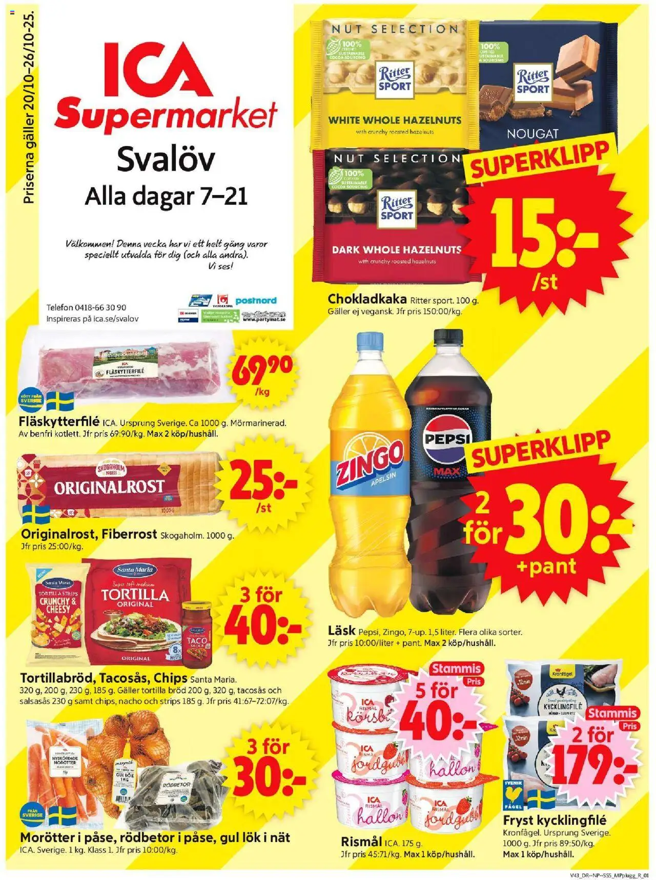 ICA Supermarket reklamblad aktuell från 20.10.2025 | Sida: 1 | Produkter: Chips, Bröd, Gul lök, Apelsin