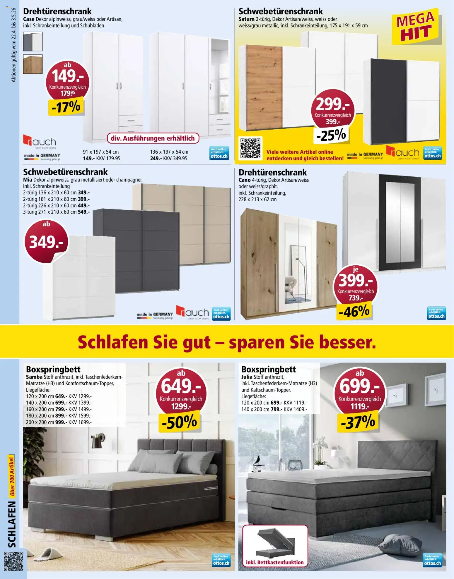 Otto's aktionen – gültig ab 22.04.2026 | Seite: 8 | Produkte: Matratze, Schwebetürenschrank, Drehtürenschrank, Boxspringbett