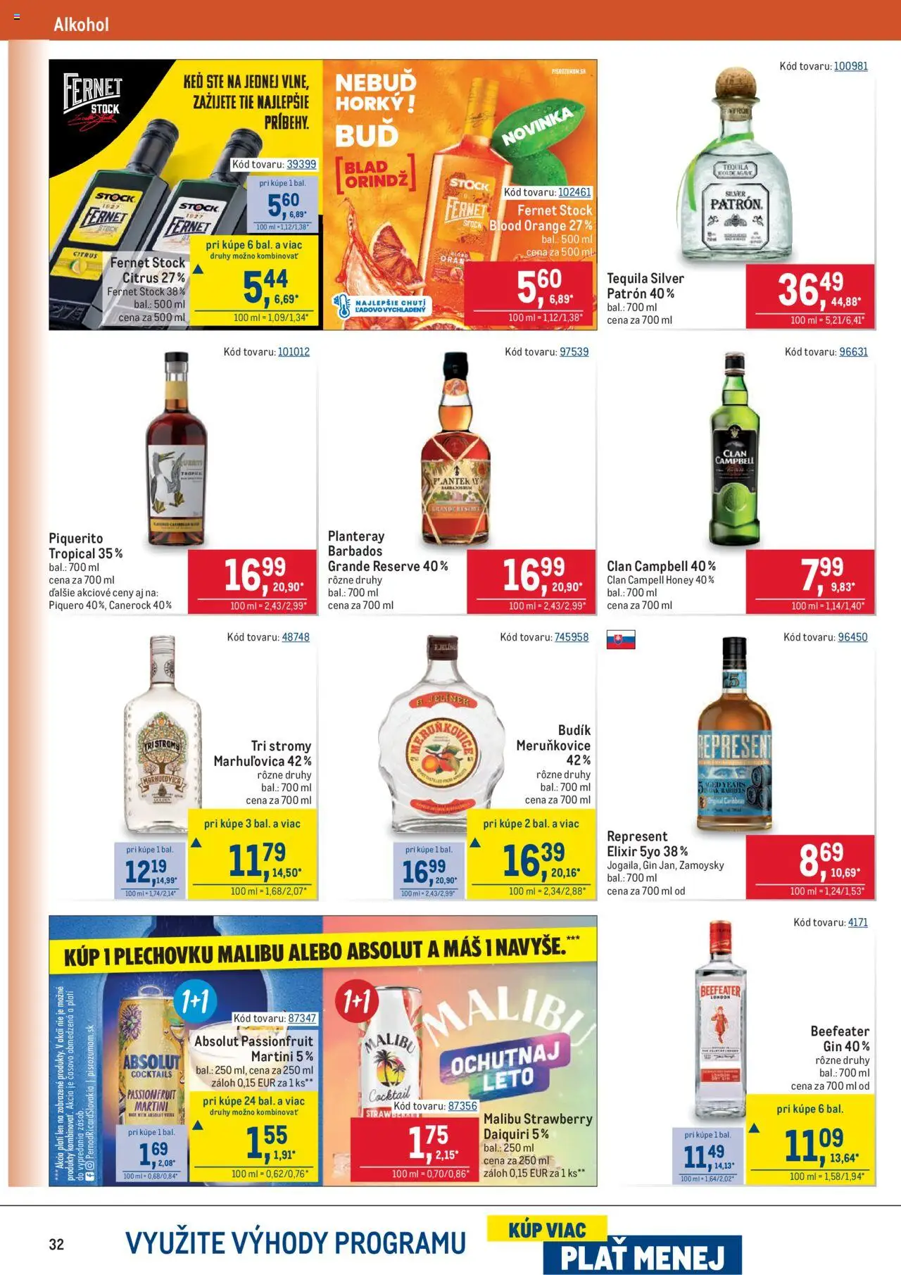 Metro Maloobchod │ platný od 30.07.2025 | Strana: 32 | Produkty: Beefeater, Malibu, Gin, Budík