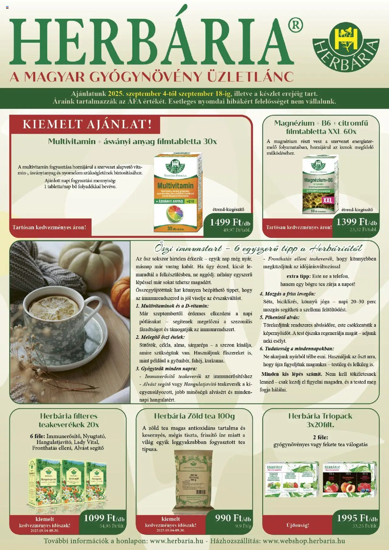 Herbária akciós ujság - amely érvényes a következő dátumtól: 04.09.2025 | Oldal: 1 | Termékek: Sárgarépa, Bögre, Zöld tea, Multivitamin