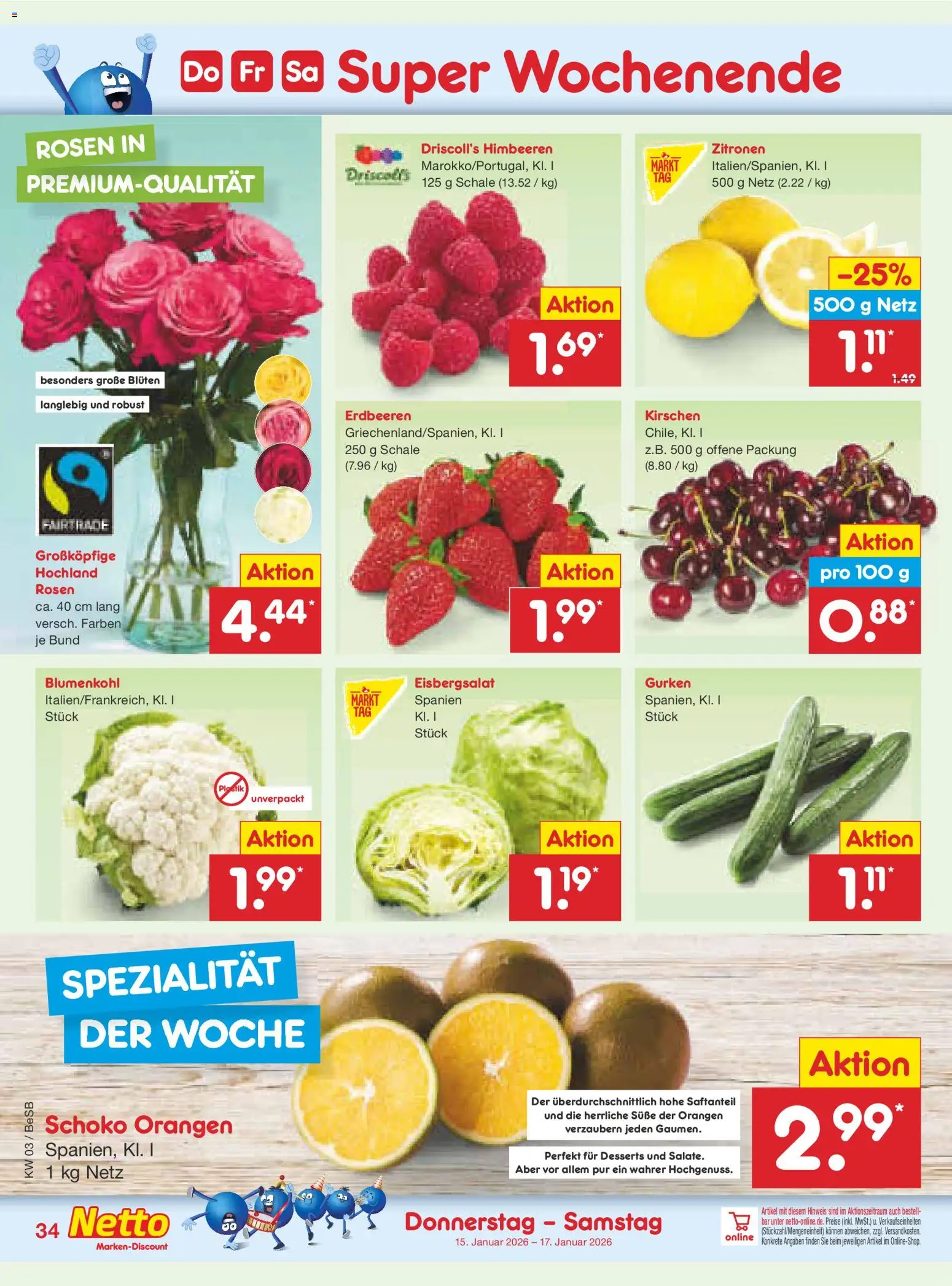 Netto Marken-Discount Prospekt 	 – gültig ab 12.01.2026 | Seite: 44 | Produkte: Himbeeren, Orangen, Eisbergsalat, Gurken