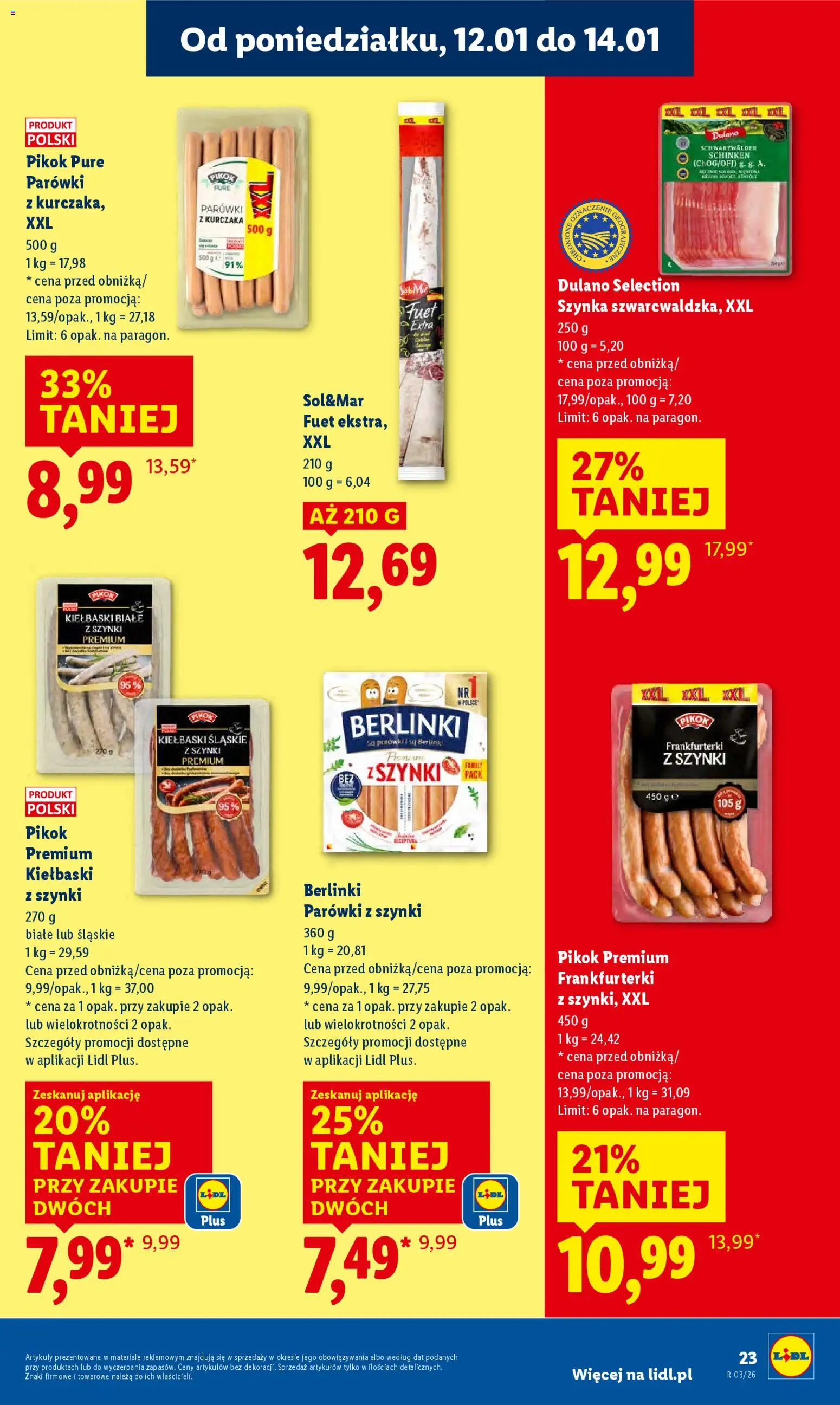 Lidl Gazetka od 12.01.2026 | Strona: 23 | Produkty: Frankfurterki, Parówki z szynki, Kiełbaski, Szynka