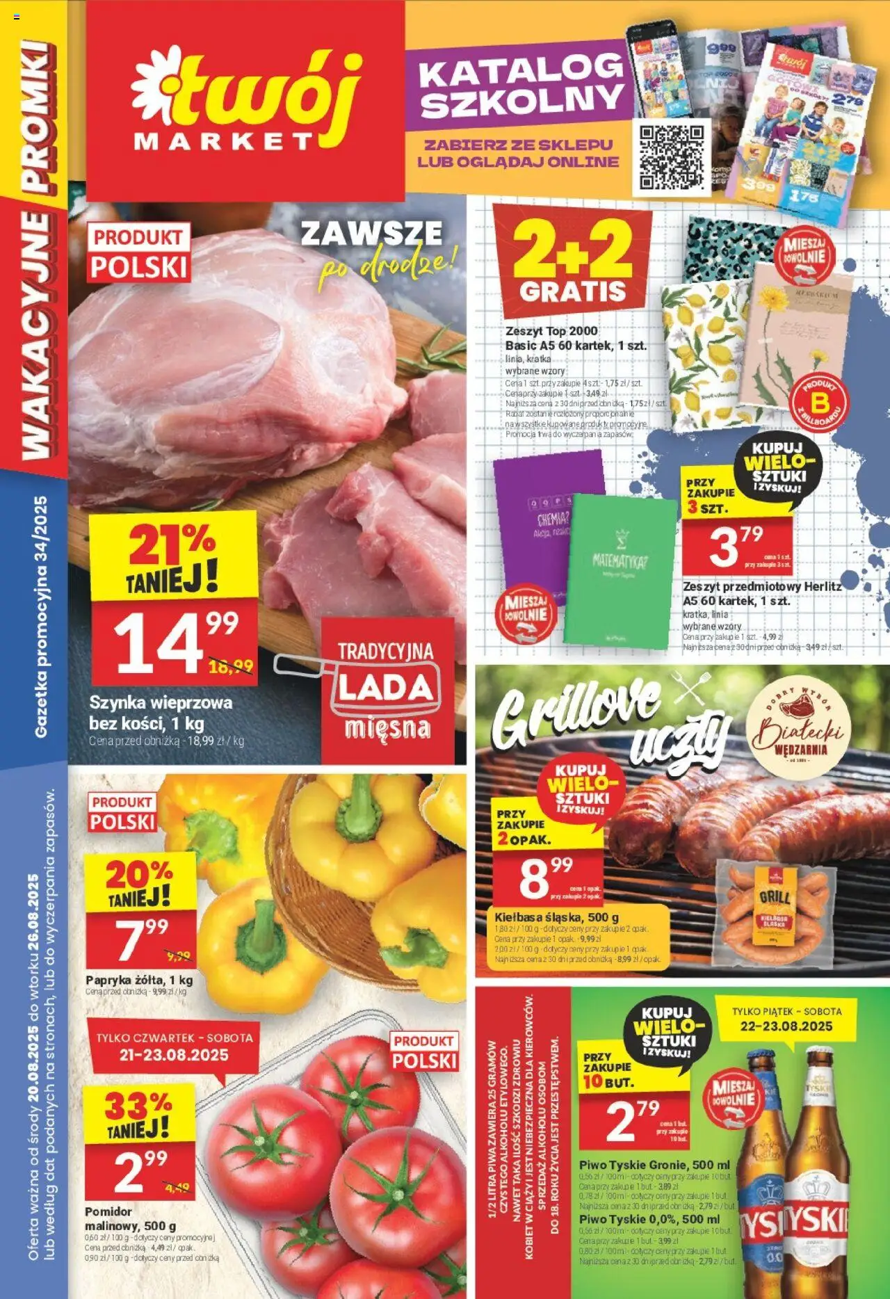 Twój Market Gazetka od 20.08.2025 | Strona: 1 | Produkty: Kiełbasa, Top, Szynka, Papryka