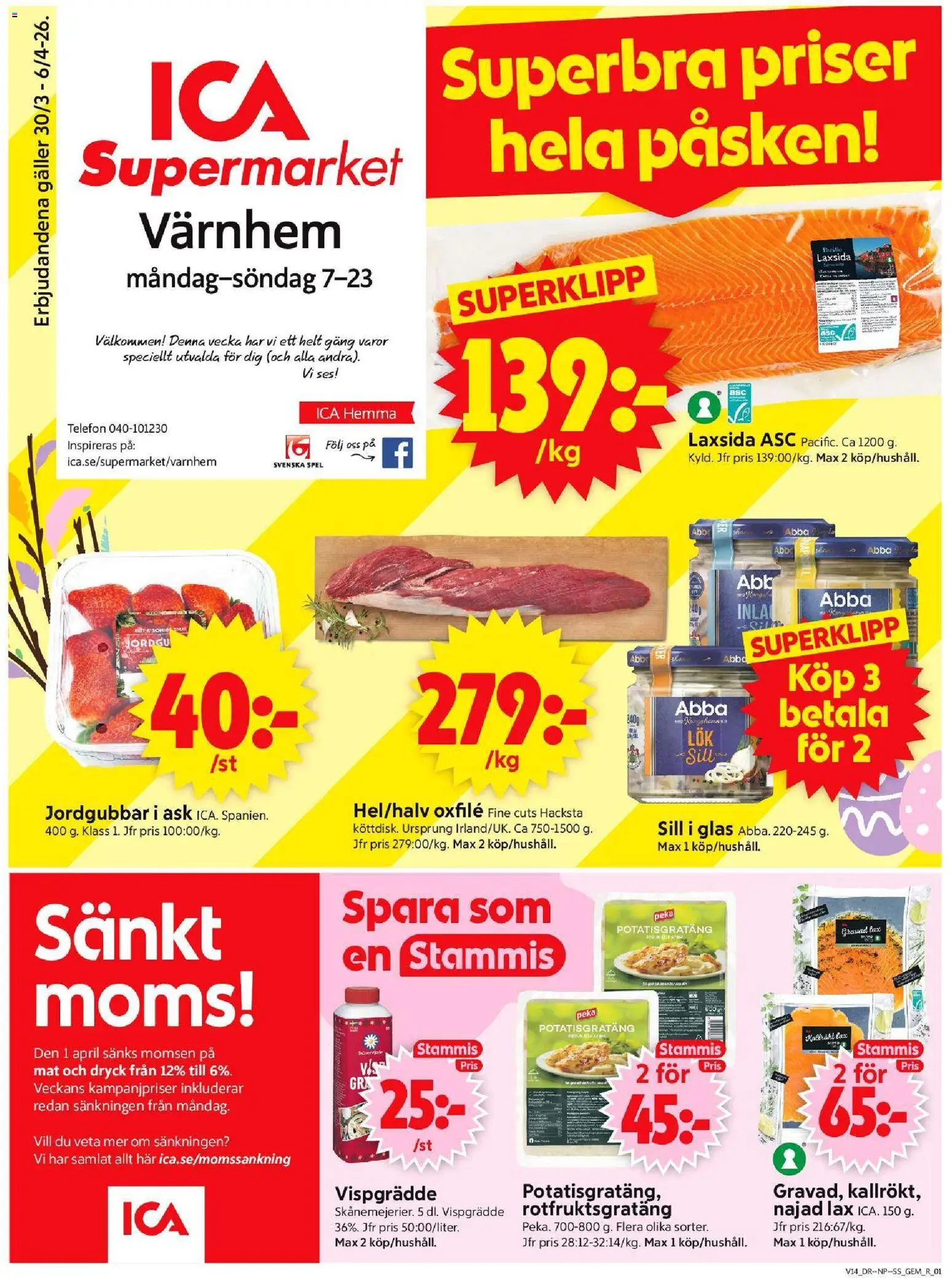 ICA Supermarket reklamblad aktuell från 30.03.2026 | Sida: 1 | Produkter: Galler, Lax, Oxfilé, Vispgrädde