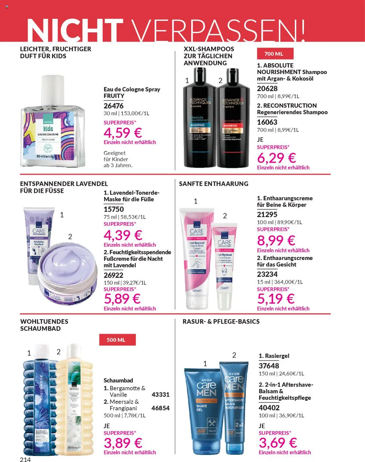 AVON Katalog Oktober 2025 – gültig ab 01.10.2025 | Seite: 216 | Produkte: Enthaarungscreme, Eau de Cologne, Lavendel, Fußcreme