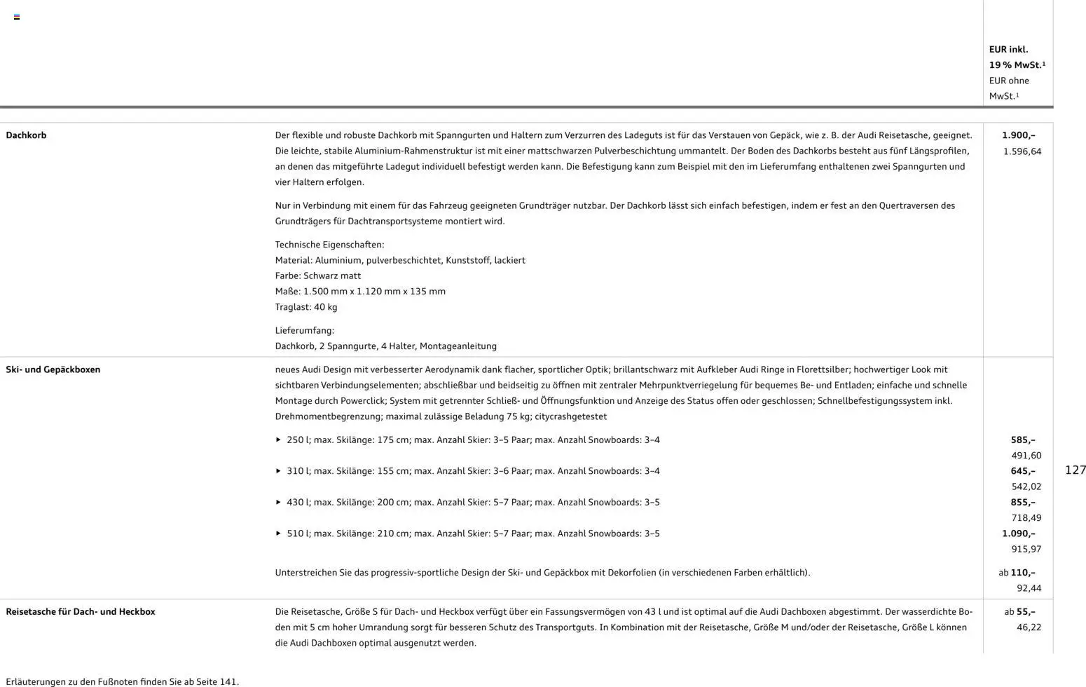 Audi Q3 – gültig ab 29.01.2026 | Seite: 127 | Produkte: Ski, Reisetasche