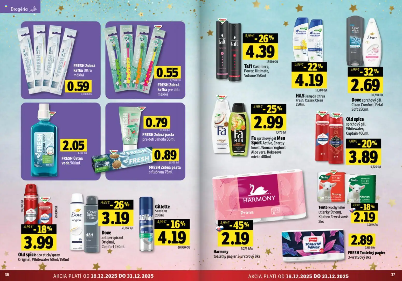 Nové Fresh akcie – leták je platný od 18.12.2025 | Strana: 19 | Produkty: Zubná kefka, Toaletný papier, Antiperspirant, Voda
