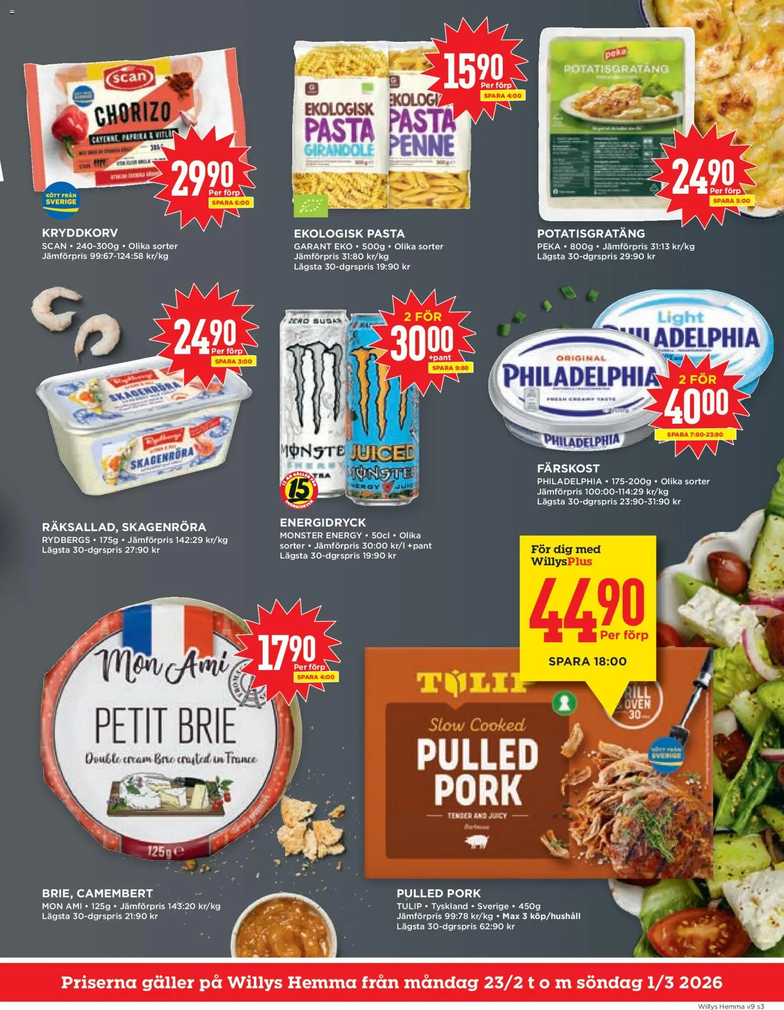 Willys reklamblad aktuell från 23.02.2026 | Sida: 3 | Produkter: Potatisgratäng, Energidryck, Camembert, Pasta