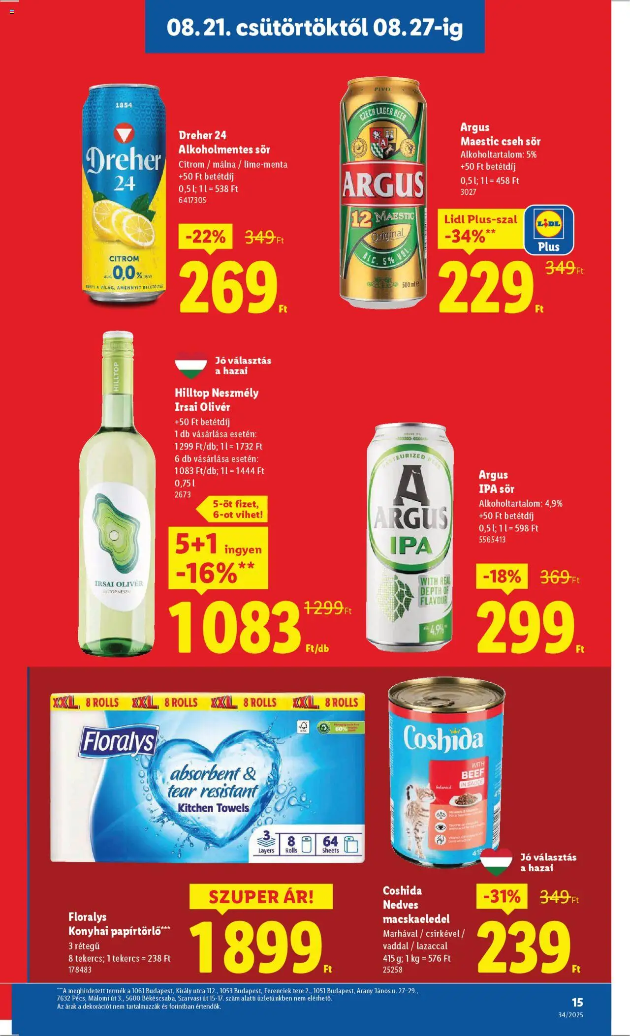 Lidl akciós ujság - amely érvényes a következő dátumtól: 21.08.2025 | Oldal: 15 | Termékek: Macskaeledel, Papírtörlő, Sör, Alkoholmentes sör
