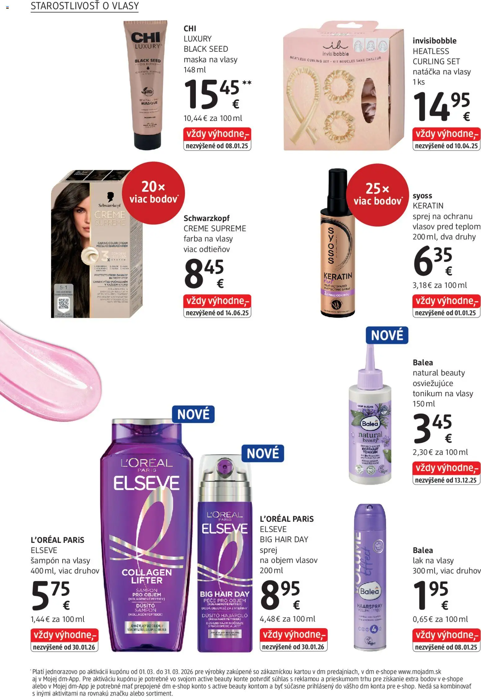 Nové dm drogerie akcie – leták je platný od 01.03.2026 | Strana: 14 | Produkty: Šampón, Maska na vlasy, Lak na vlasy, Krém