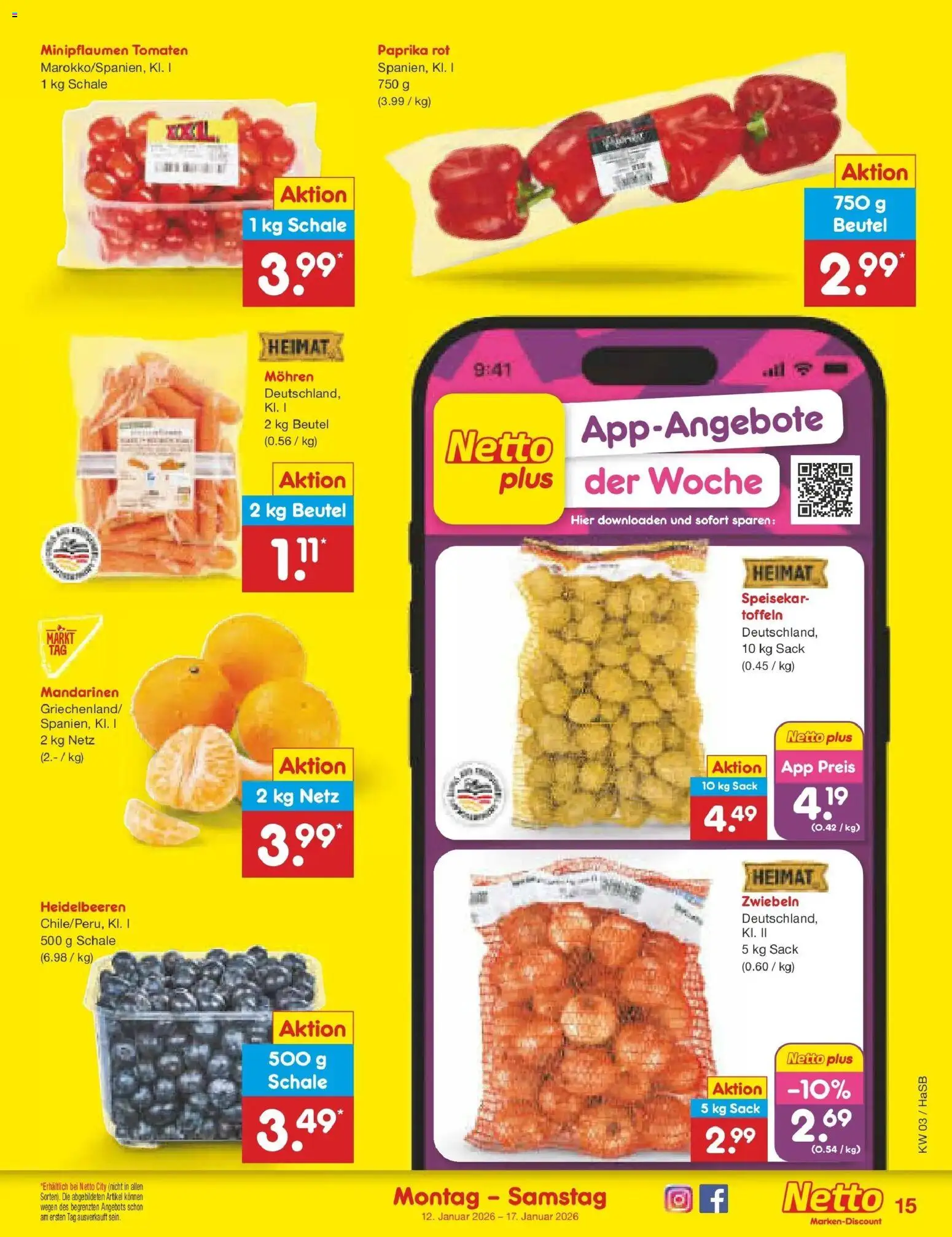 Netto Marken-Discount prospekt Wuppertal	 – gültig ab 12.01.2026 | Seite: 15 | Produkte: Mandarinen, Tomaten, Heidelbeeren, Zwiebeln