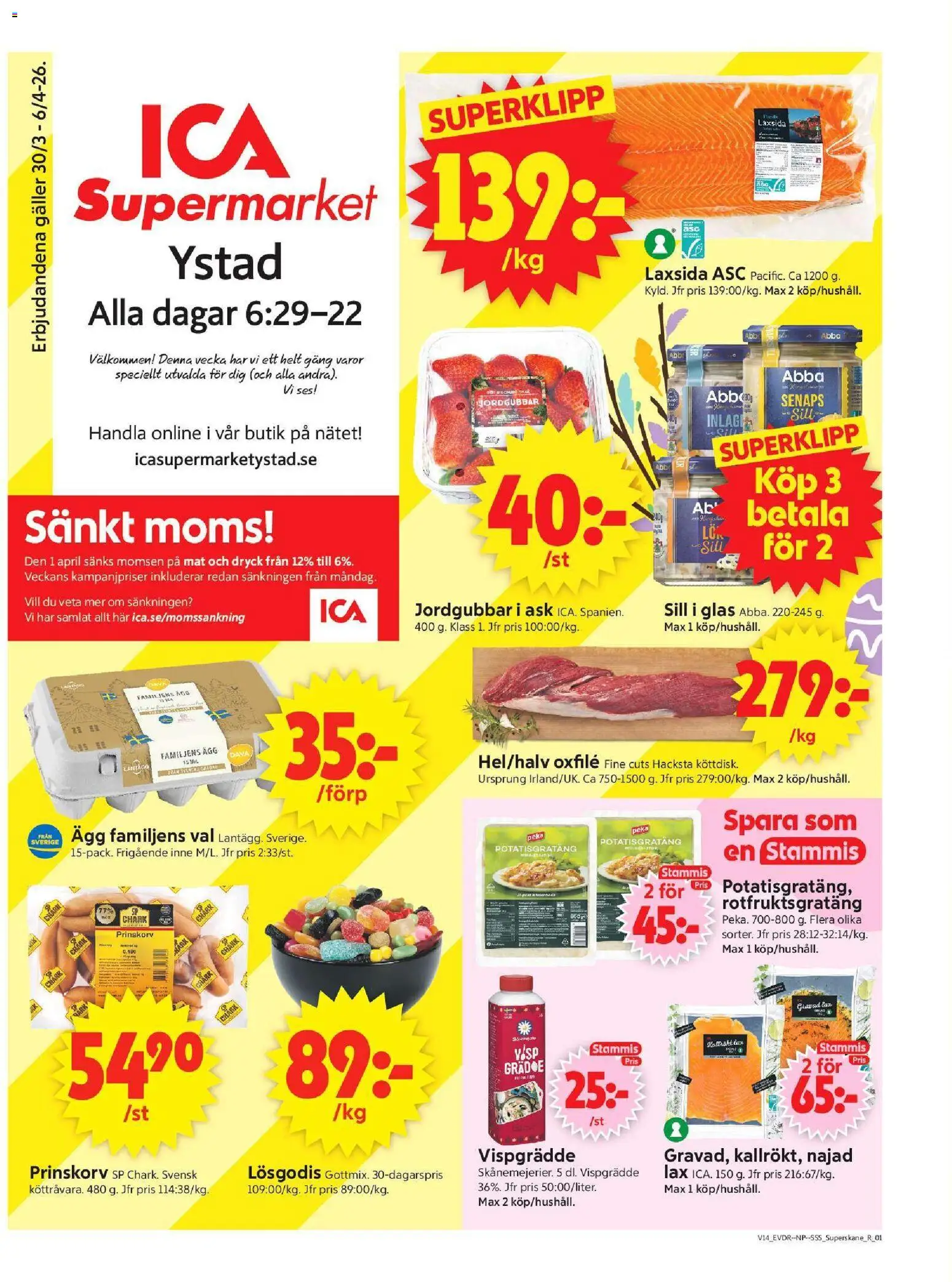 ICA Supermarket reklamblad aktuell från 30.03.2026 | Sida: 1 | Produkter: Prinskorv, Galler, Sill, Potatisgratäng