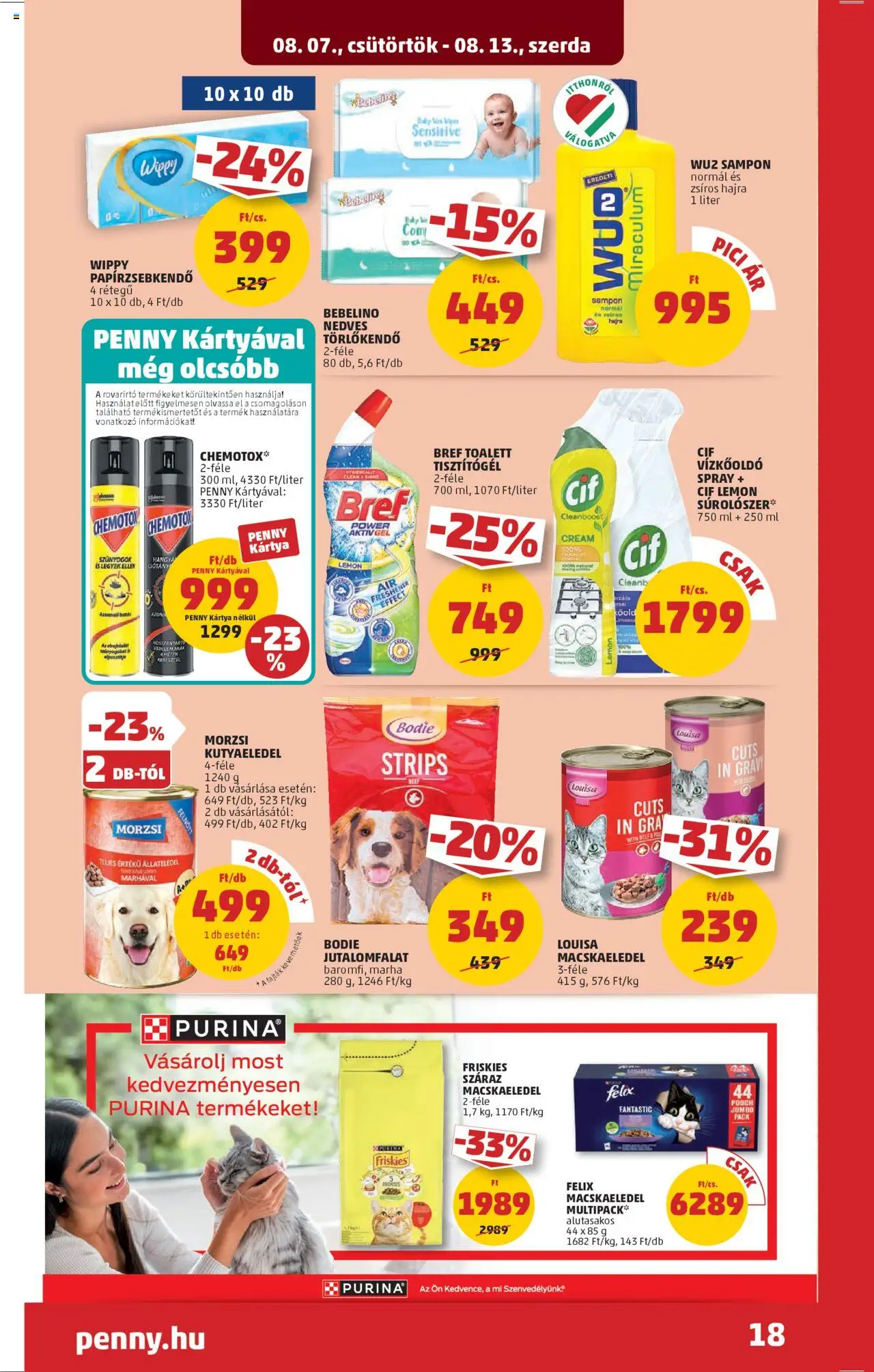 PENNY akciós ujság - amely érvényes a következő dátumtól: 07.08.2025 | Oldal: 22 | Termékek: Macskaeledel, Kutyaeledel, Törlőkendő, Papírzsebkendő