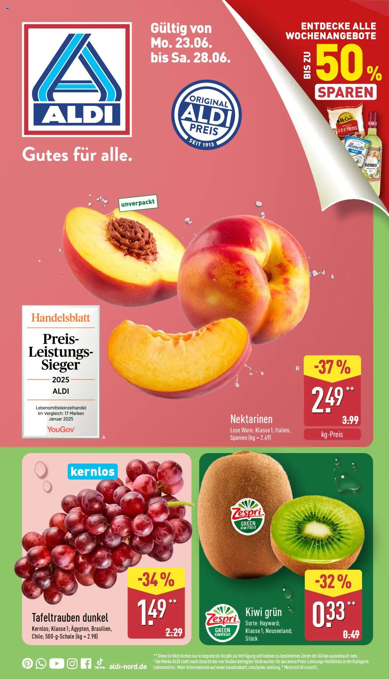 Aldi Prospekt 	 - gültig ab dem 23.06.2025 | Seite: 1 | Produkte: Almette, Nektarinen, McCain, Kiwi