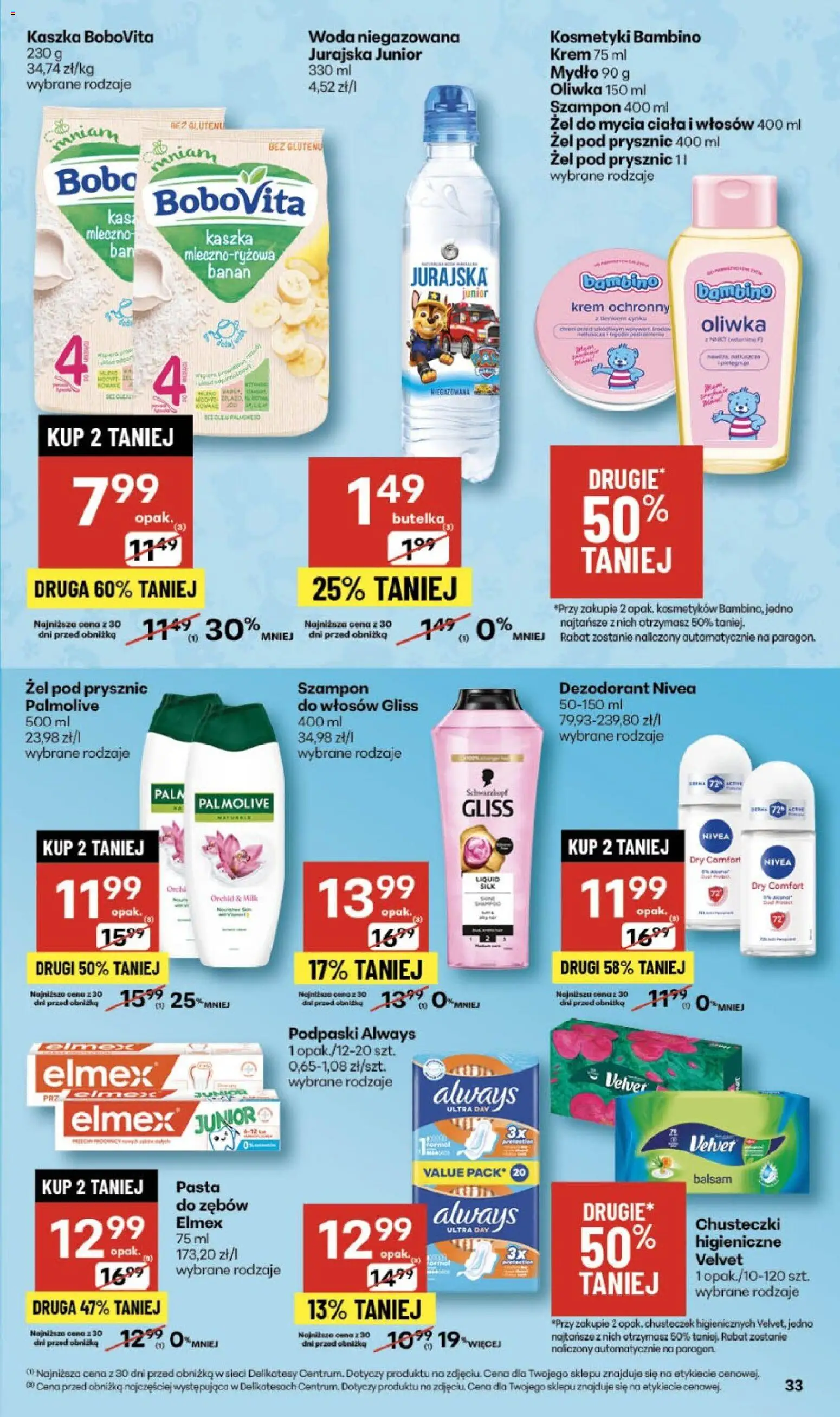Delikatesy Centrum Gazetka od 06.11.2025 | Strona: 33 | Produkty: Podpaski always, Żel pod prysznic, Krem, Woda