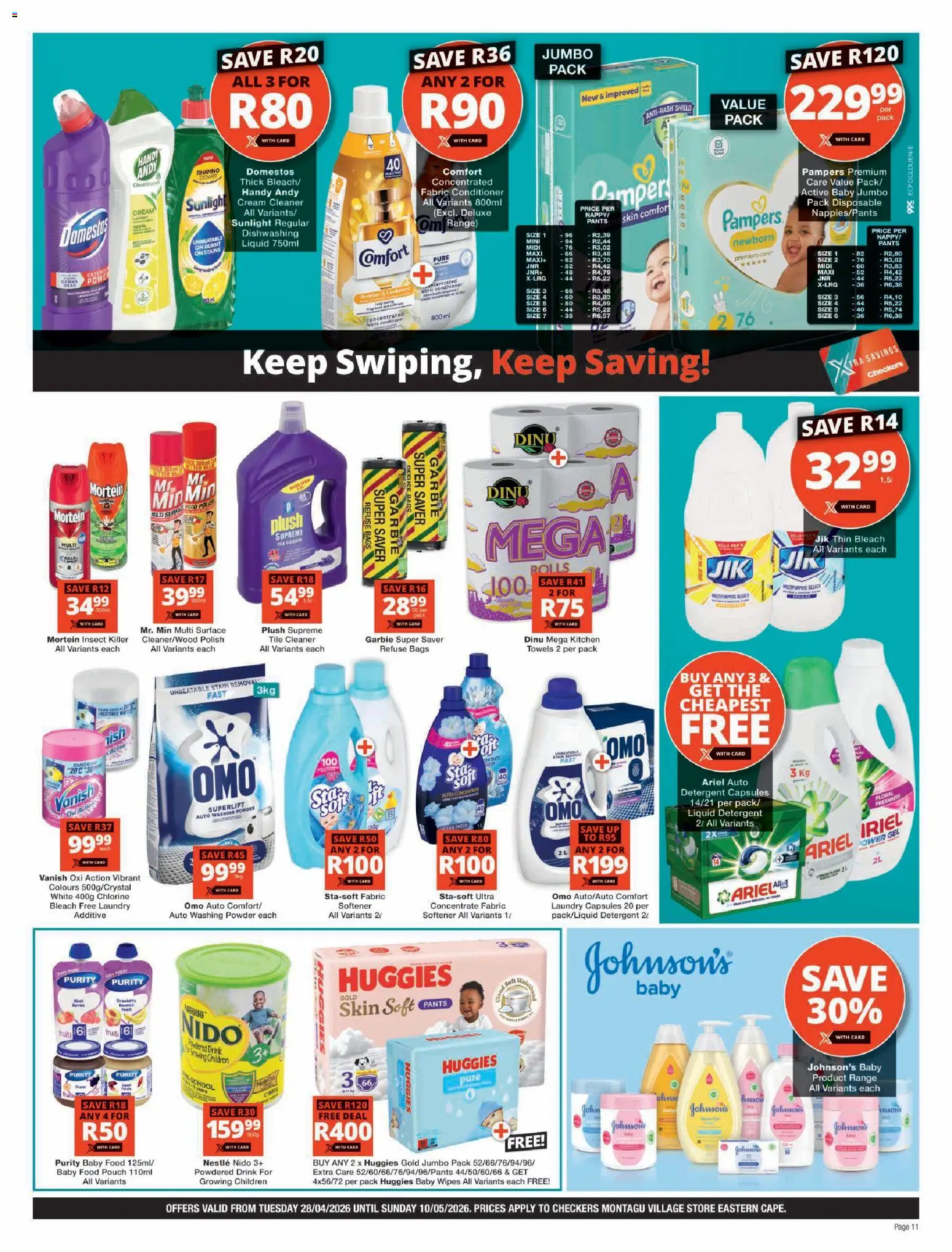 New Checkers catalogue – valid from 28.04.2026 | Page: 11 | Products: Pants, Cream, Baby food, Detergent