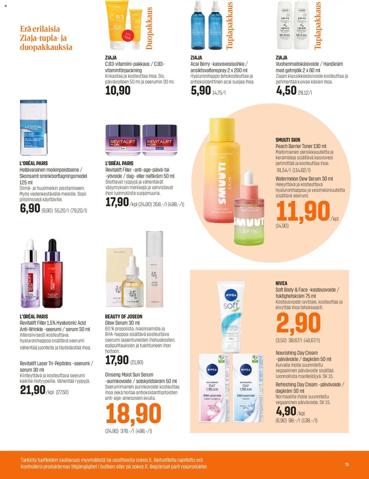 Sokos tarjoukset – voimassa 27.12.2025 alkaen | Sivu: 15 | Tuotteet: Meikinpoistoaine, Aurinkovoide, Yövoide, Seerumi